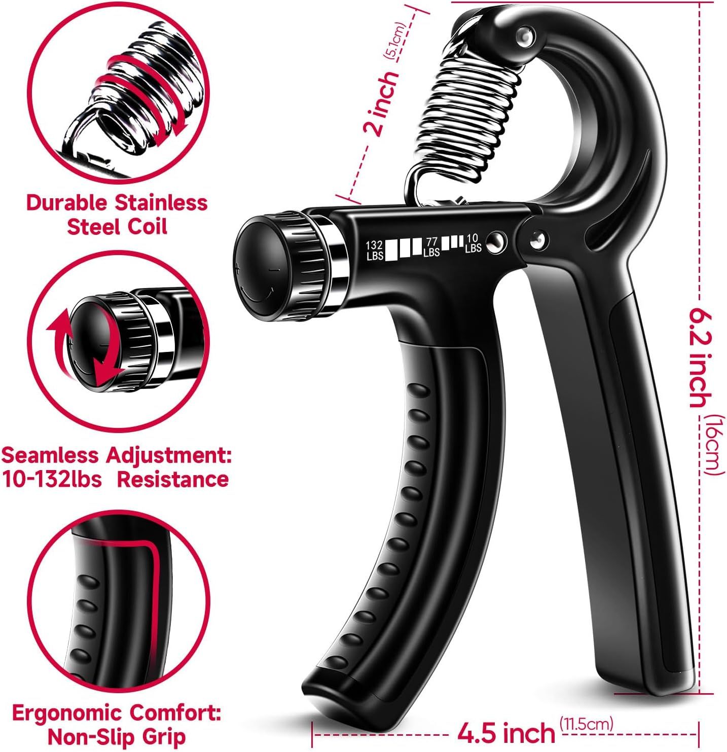 This image breaks down the hand gripper's key physical components and specifications, using zoom circles and dimension lines to highlight the steel coil construction, adjustable resistance dial,…