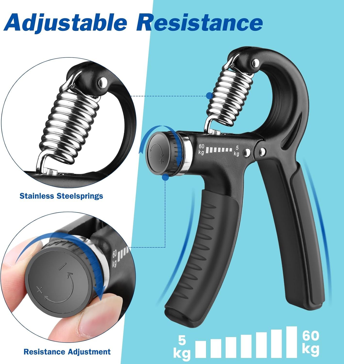This image breaks down the physical components of the hand gripper, highlighting the stainless steel spring mechanism and the resistance adjustment dial to show shoppers how the product is…