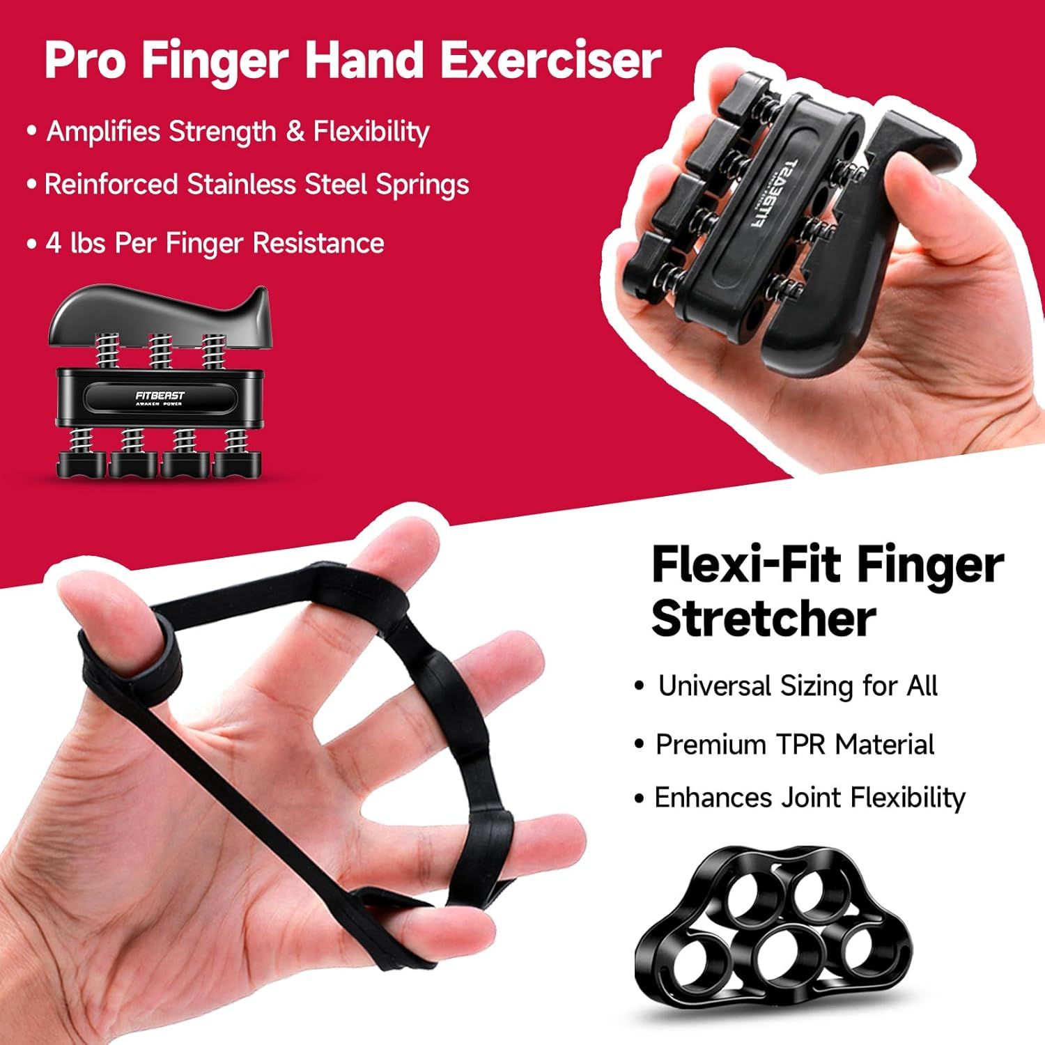 Showcases two distinct hand exercise products with multiple benefits for each, highlighting the Pro Finger Hand Exerciser's strength-building features and the Flexi-Fit Finger Stretcher's…