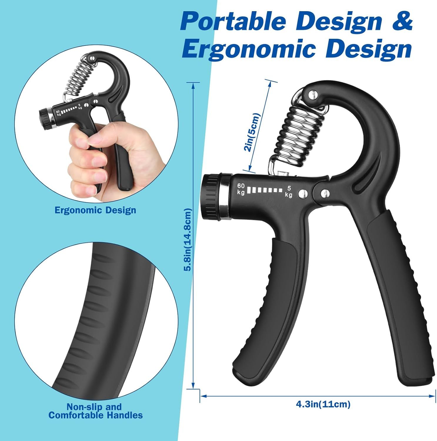 Communicates multiple distinct benefits of the hand gripper through a segmented layout: portability with sizing dimensions, ergonomic grip design, and comfortable non-slip handles to reassure…