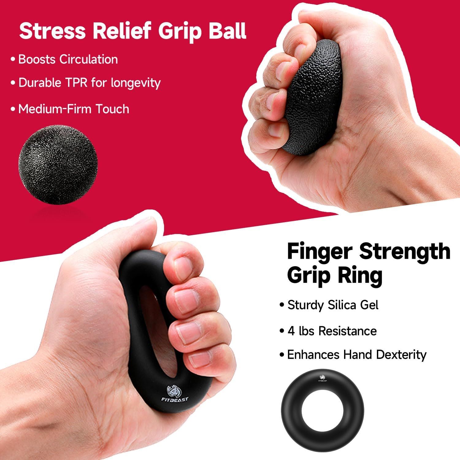 Showcases multiple distinct benefits of two related products (grip ball and grip ring) in a segmented layout, highlighting stress relief, circulation, durability, and hand strengthening features to…