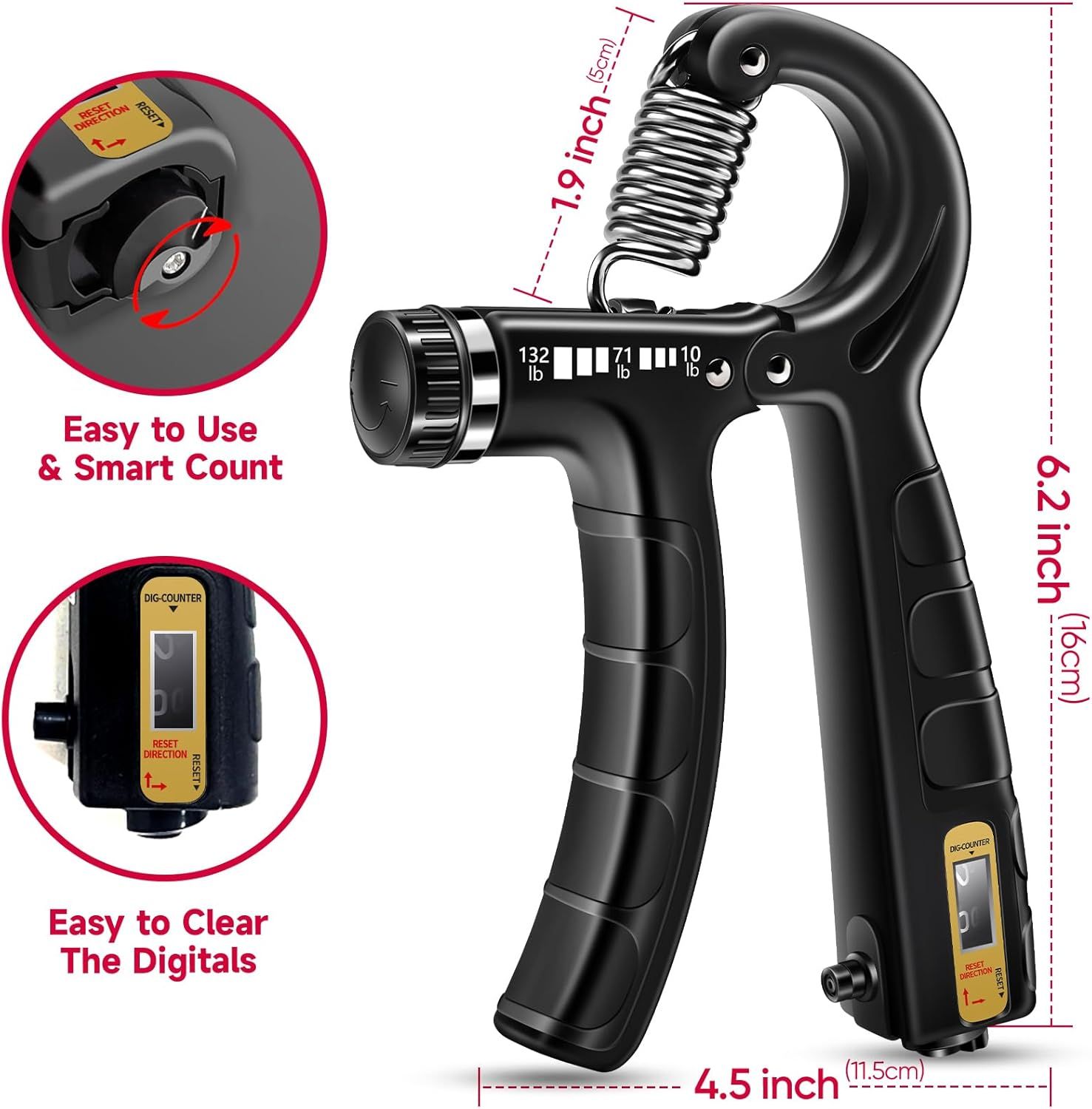 Communicates multiple distinct benefits of the hand gripper including ease of use, smart counting functionality, digital reset capability, and physical dimensions to help shoppers understand the…