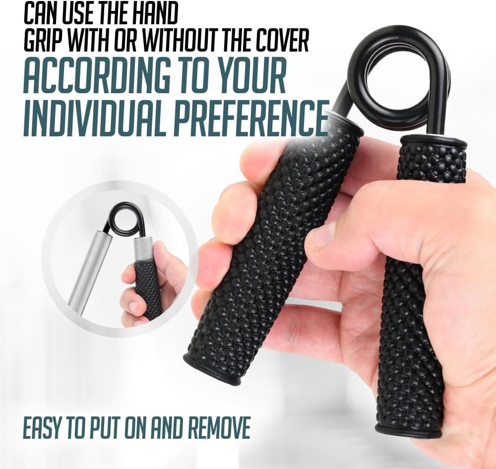 Communicates two distinct benefits: the versatility of using the hand grip with or without the textured cover based on personal preference, and the convenience of easily putting on and removing the…