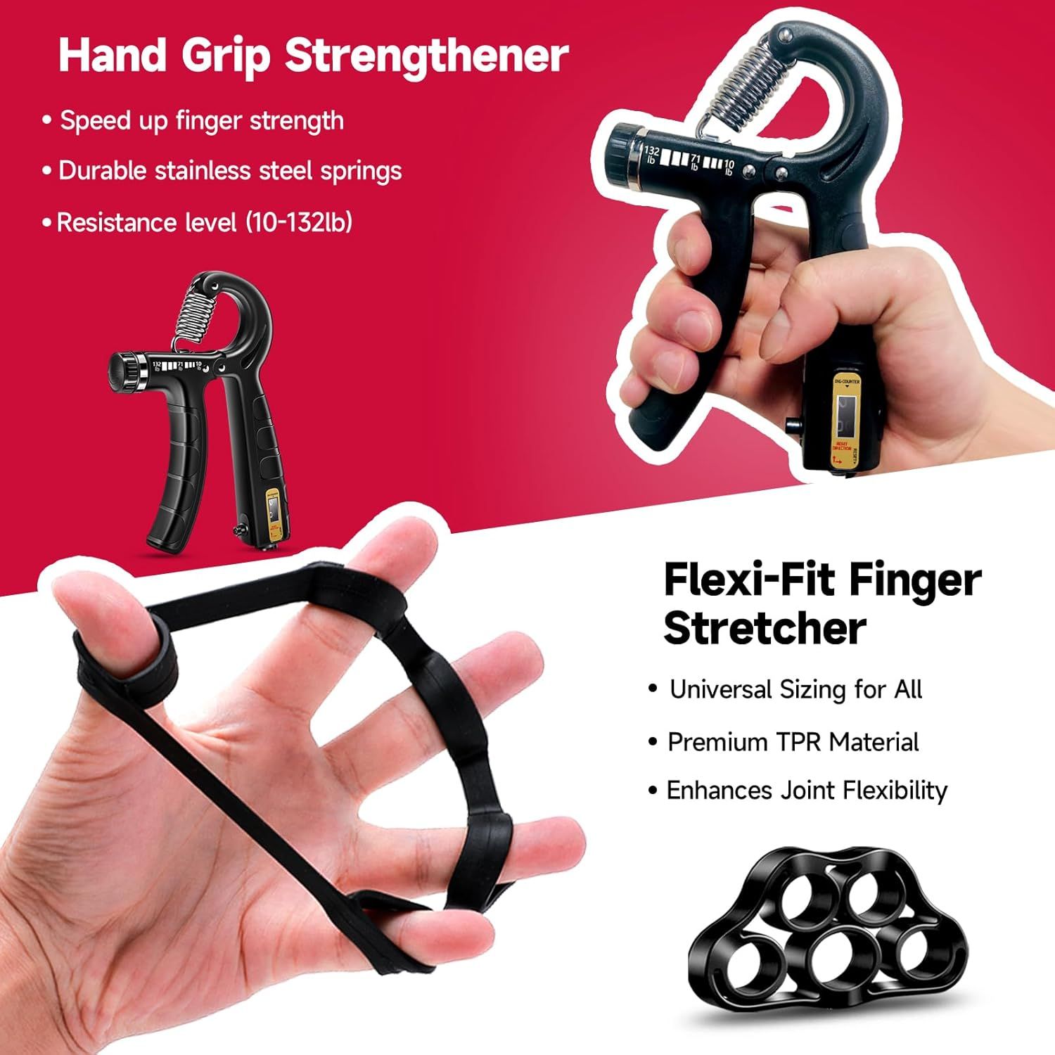 Showcases multiple distinct benefits of two complementary hand exercise products in a visually segmented layout to demonstrate the comprehensive hand strengthening solution.