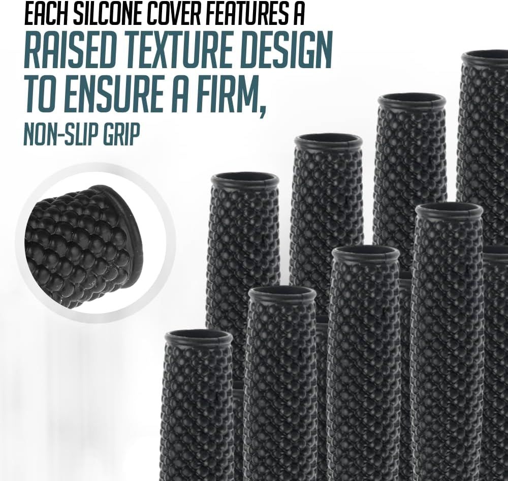 Highlights the physical design feature of the silicone cover's raised texture pattern, demonstrating how this structural element provides a firm, non-slip grip for users.
