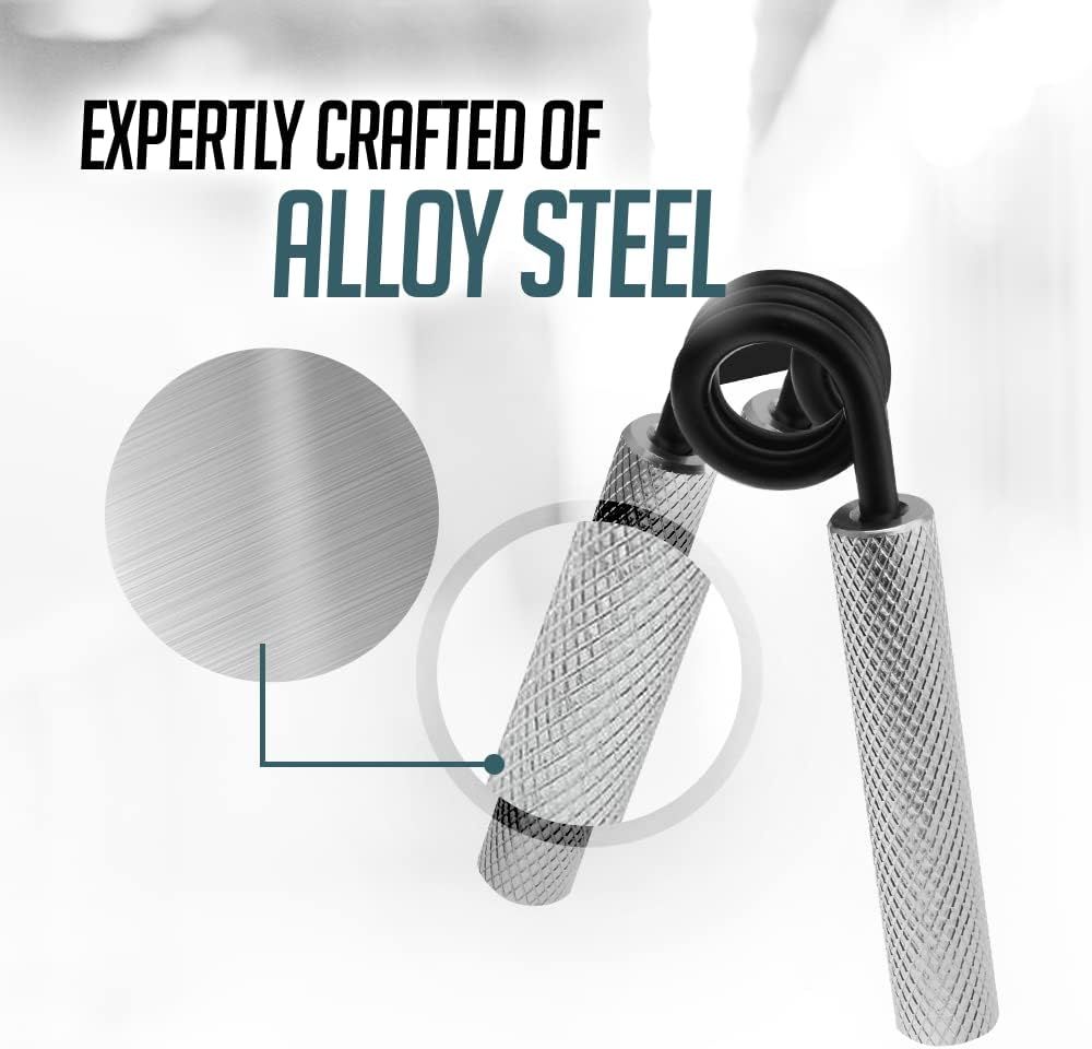 Highlights the premium alloy steel construction of the hand gripper handles, emphasizing quality and durability through a zoomed-in material detail callout. Communicates the quality and…