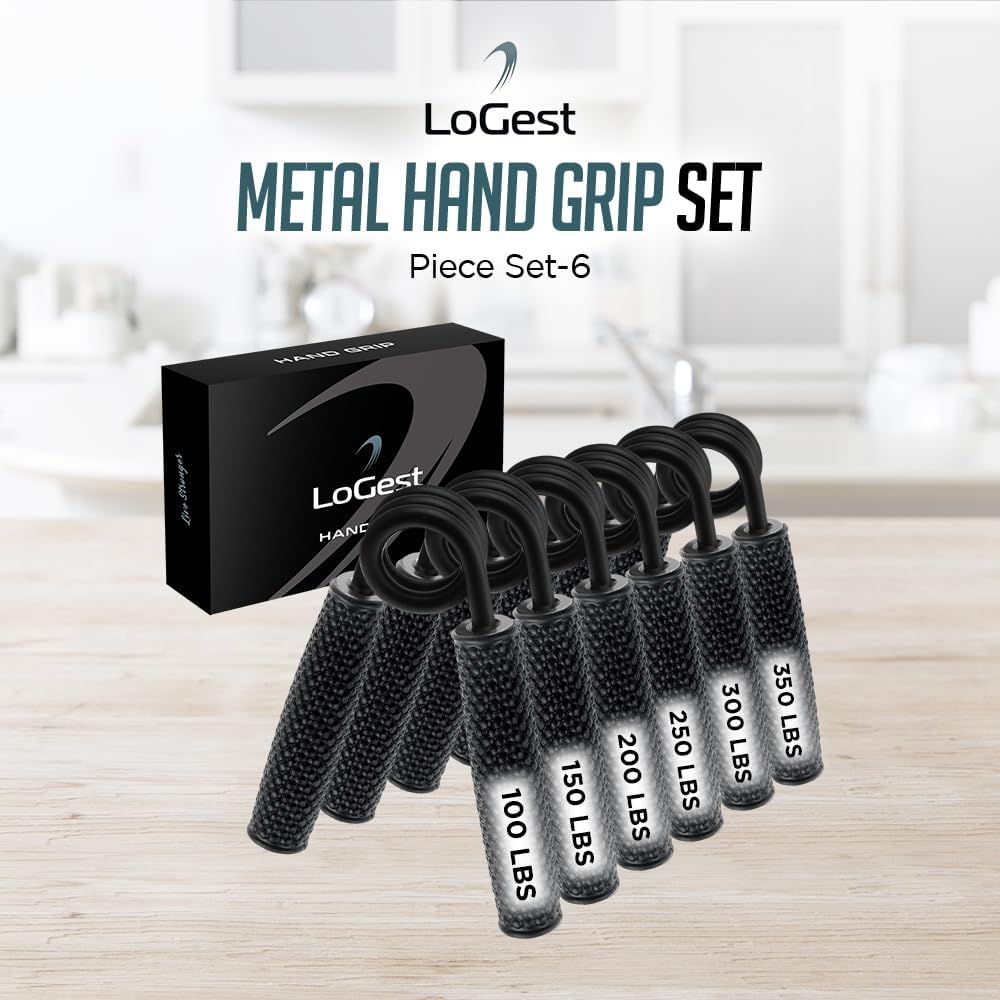 Shows the complete set of hand grips included in the package, with visible resistance levels (100-350 LBS) to help shoppers understand what they receive and the variety of strength training options…
