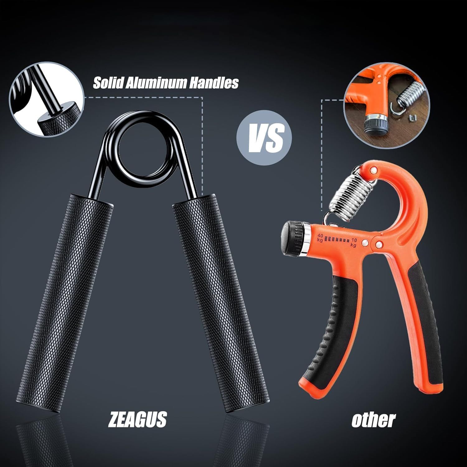 Demonstrates the superiority of the ZEAGUS hand gripper's solid aluminum handles compared to a competitor's plastic construction, emphasizing durability and quality.