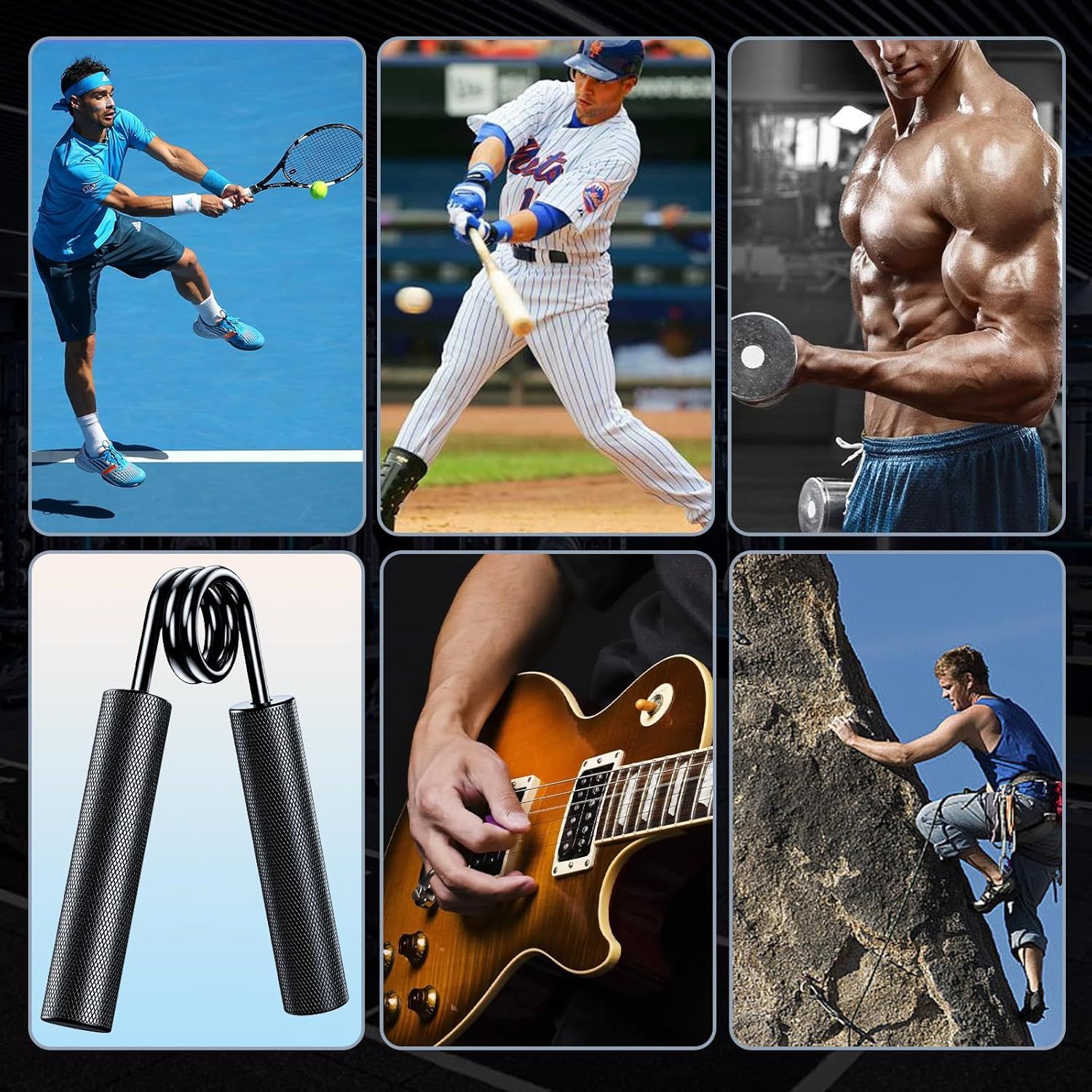 Demonstrates the product's versatility by showing it can be used across multiple sports and activities including tennis, baseball, weightlifting, jump rope, guitar playing, and rock climbing.