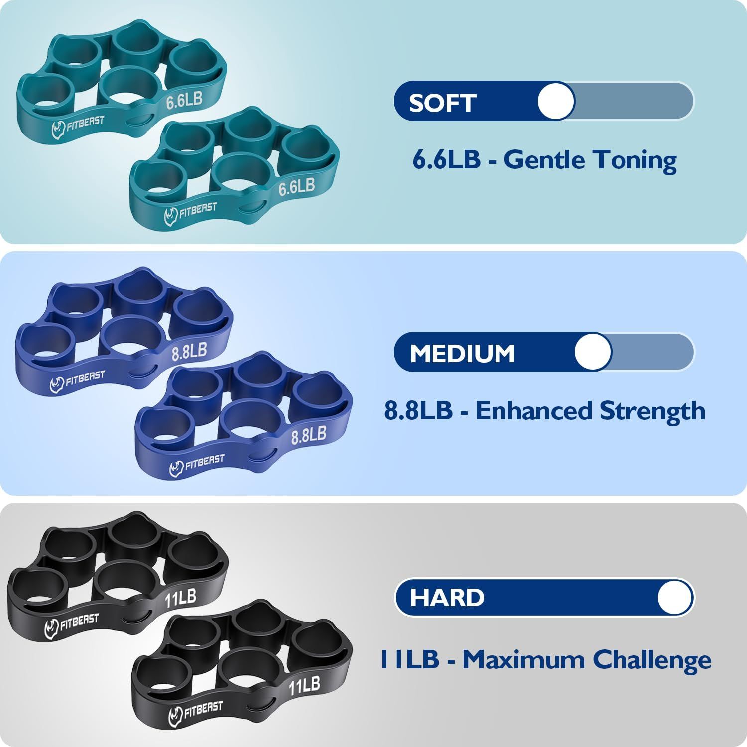 Showcases the brand's product lineup with three different resistance levels (6.6LB, 8.8LB, 11LB) to help shoppers choose the right option for their fitness level and training goals.