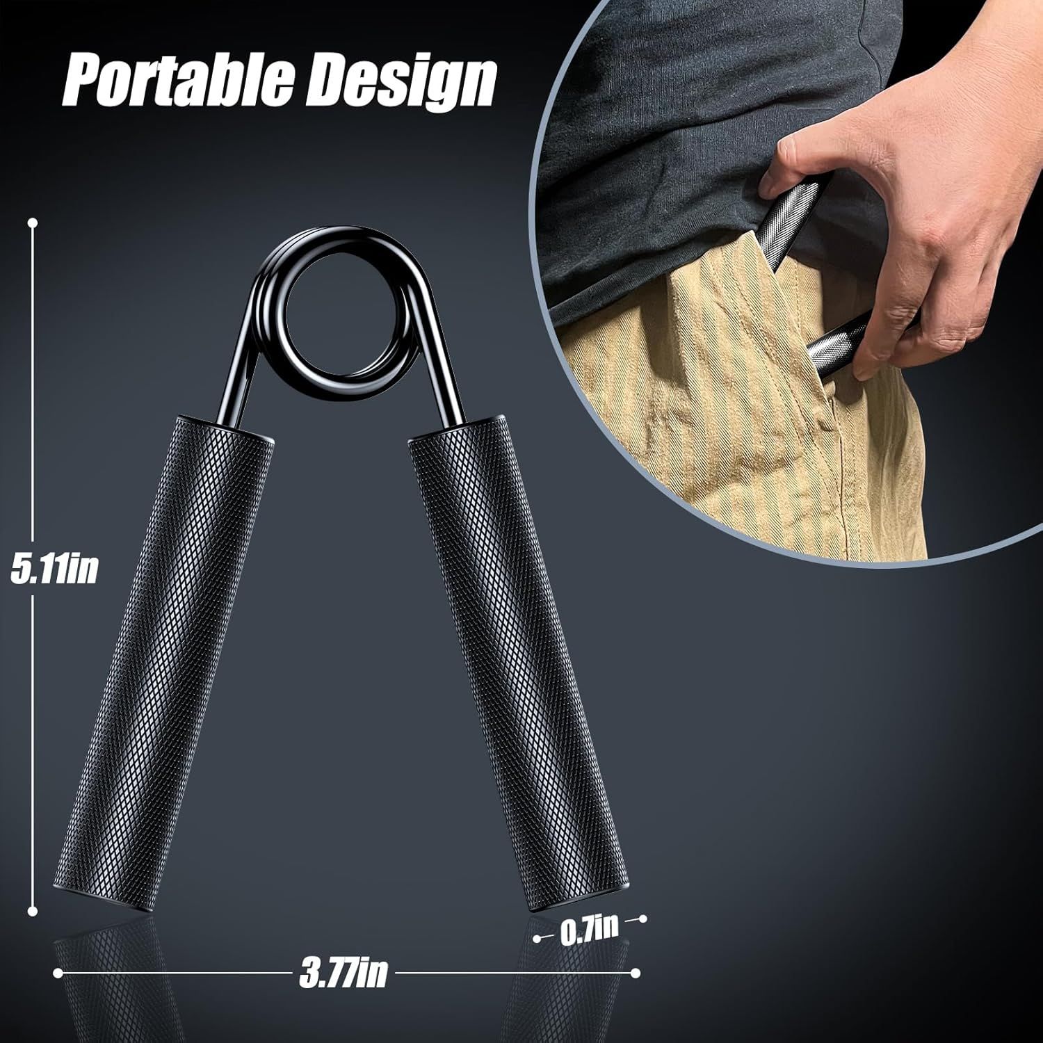 Communicates the exact physical dimensions of the hand gripper (5.11in x 3.7in x 0.7in) to help shoppers understand its compact, portable size for easy storage and travel. Highlights the product's…