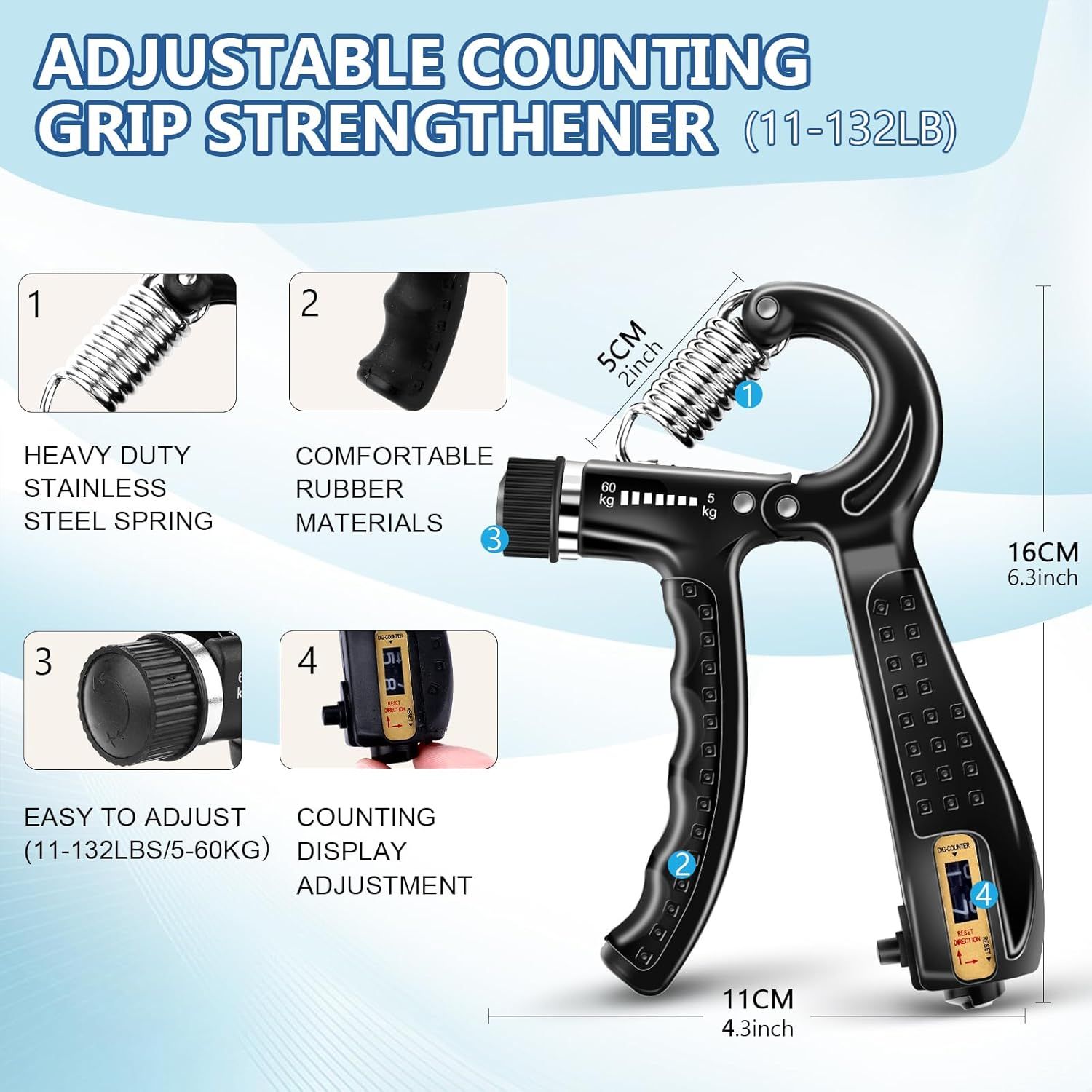 This image breaks down the grip strengthener's key physical components and features using numbered callouts, helping shoppers understand the product's construction, adjustability, materials, and…