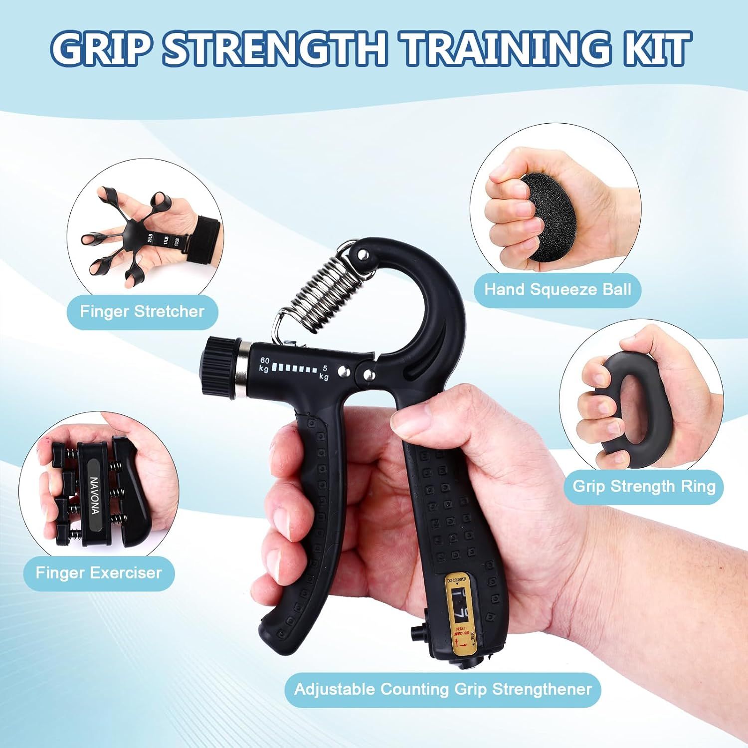 Shows all the items included in the grip strength training kit to help shoppers understand the complete bundle they will receive and the variety of training tools available.