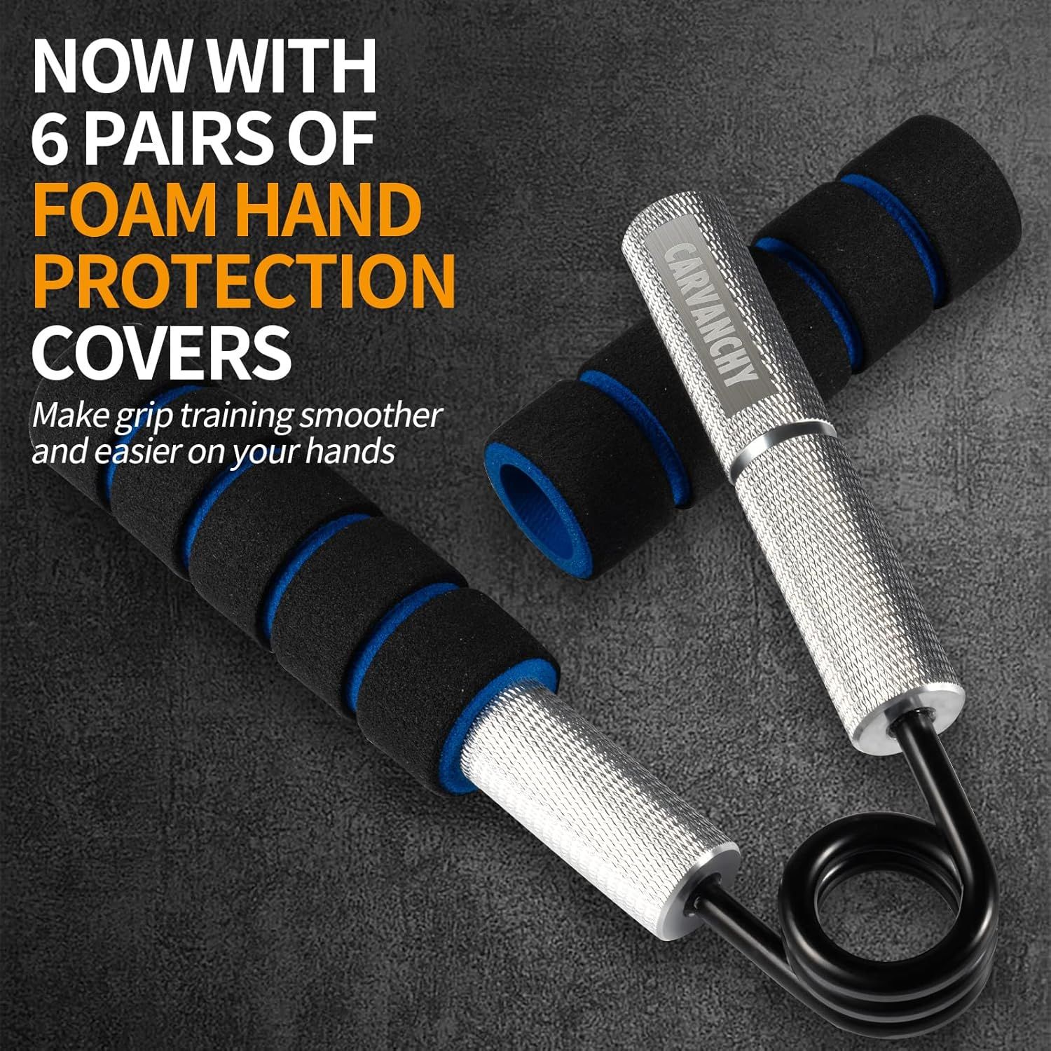 Communicates what accessories are included with the product to reassure shoppers they're getting additional value with foam hand protection covers for grip training. Highlights the comfort benefit…