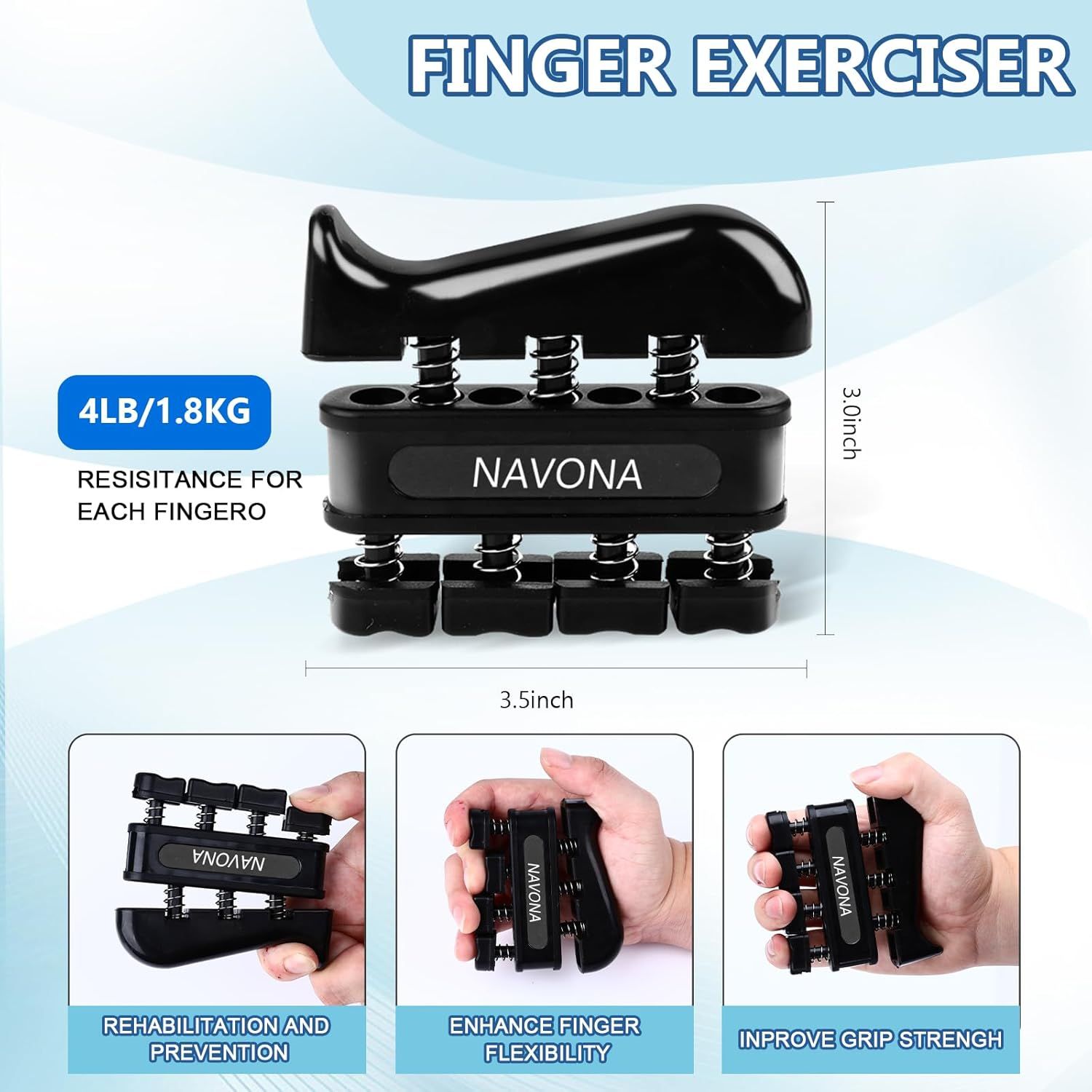 Communicates multiple distinct benefits of the finger exerciser through a segmented layout showing different use cases and advantages. Shows the exact physical dimensions of the product (3.5 inch x…