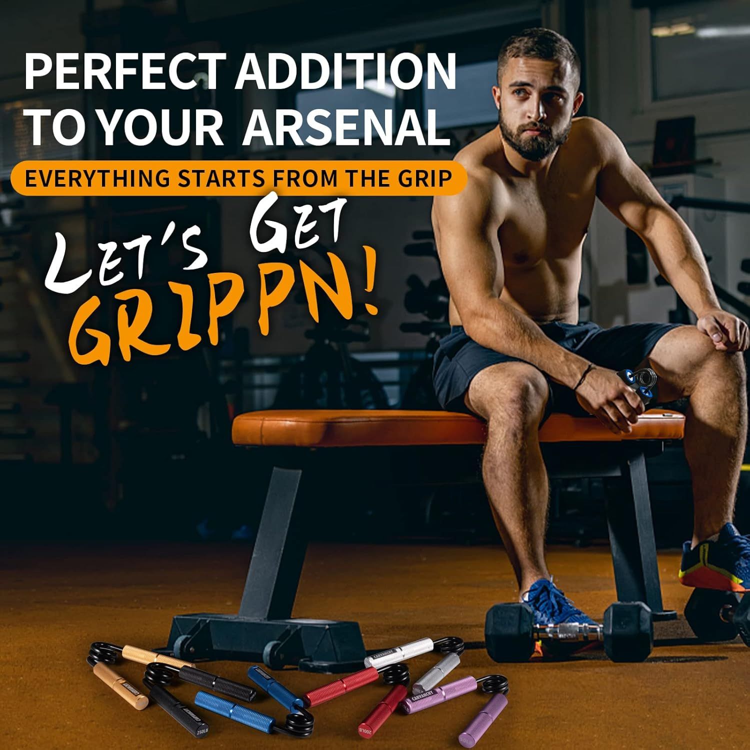 Creates an authentic, relatable gym environment showing the product as part of a real fitness routine, building trust through a realistic user context. Emphasizes that grip is fundamental to workout…