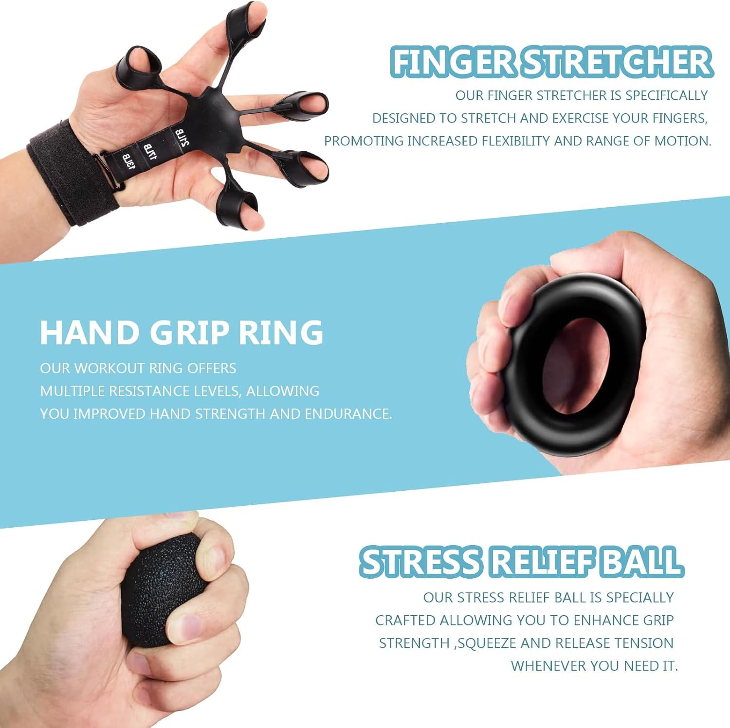 Showcases three distinct hand exercise products in a segmented layout, each highlighting different benefits: finger flexibility and range of motion, hand strength and endurance, and grip strength…