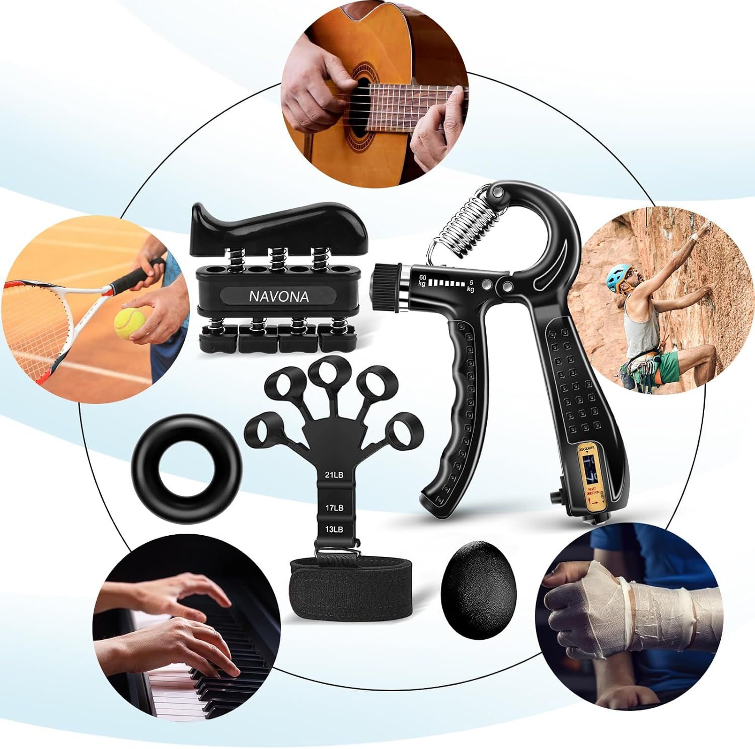 Demonstrates the product's versatility by showing it can be used across multiple activities and sports including guitar playing, tennis, rock climbing, piano, and injury recovery. Shows the…