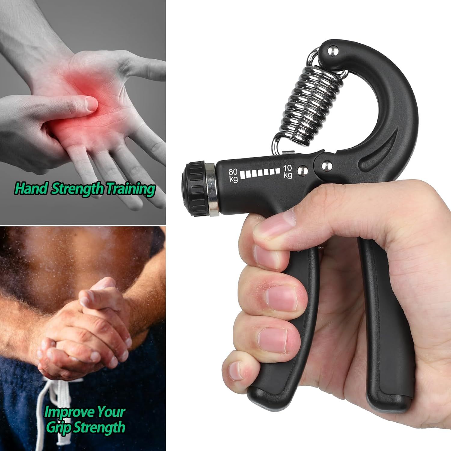 Demonstrates multiple use cases for the hand gripper, showing it can be used for hand strength training and improving grip strength across different fitness scenarios. Highlights the adjustable…