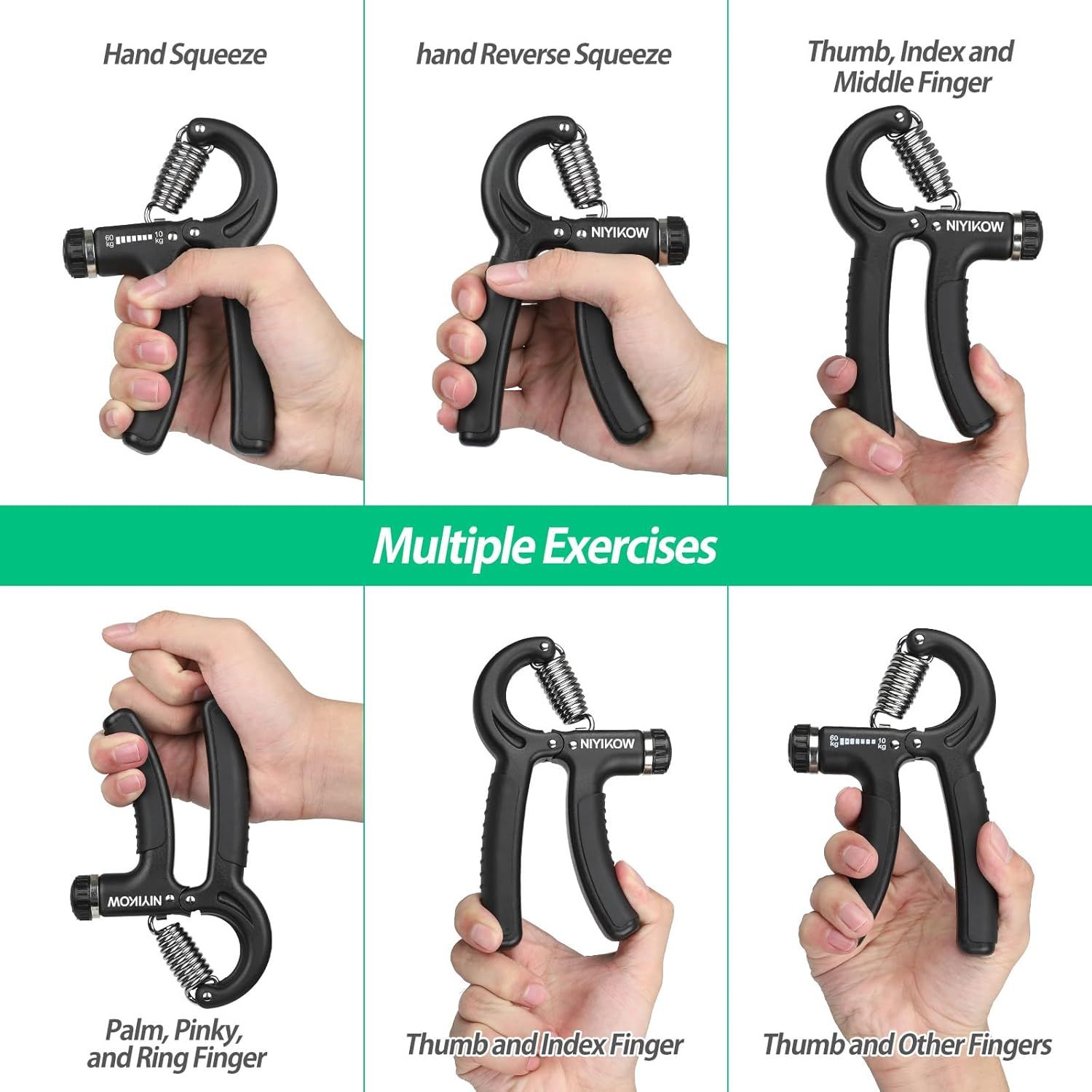 Demonstrates the multiple ways the hand grip exerciser can be used to target different muscle groups and finger combinations, showing versatility and comprehensive hand strengthening capabilities.…