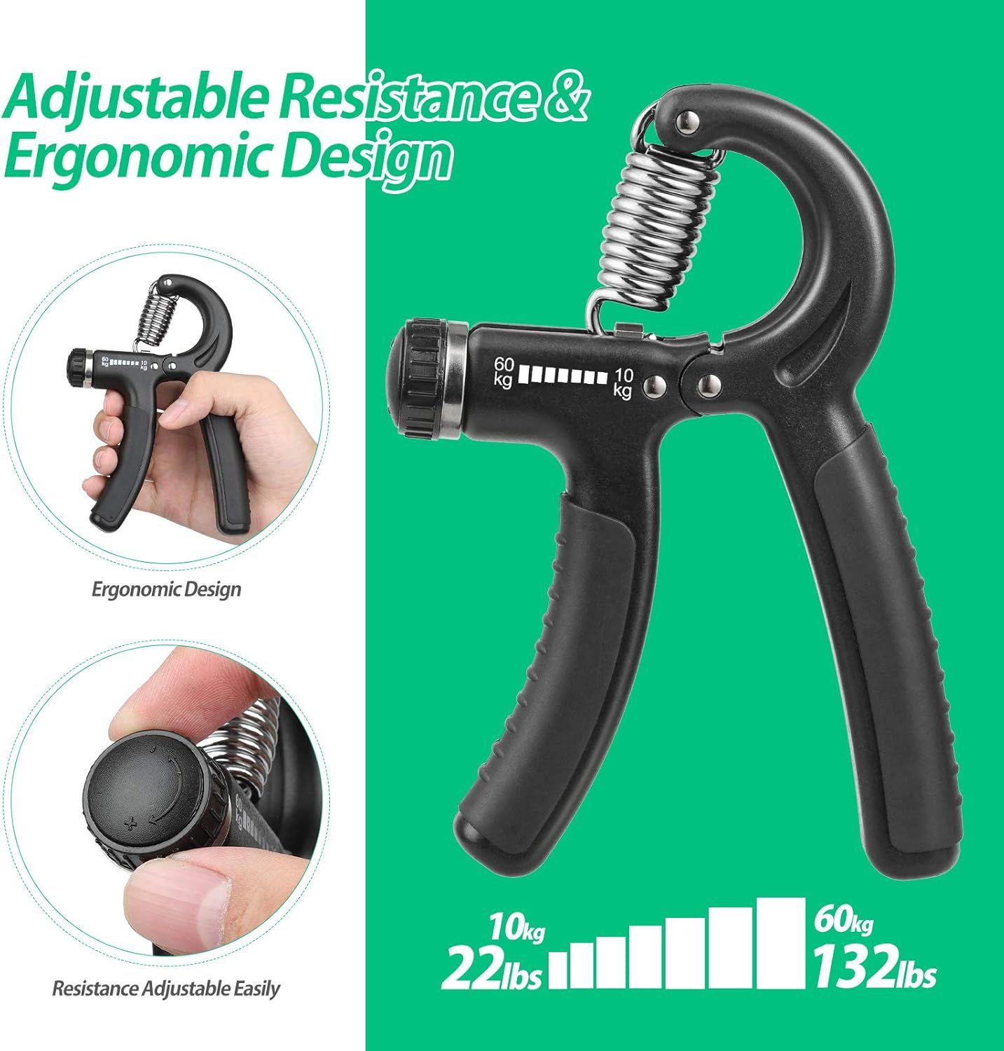Communicates multiple key benefits of the hand gripper: adjustable resistance levels (10-60kg) and ergonomic comfortable design, helping shoppers understand the product's versatility and comfort…