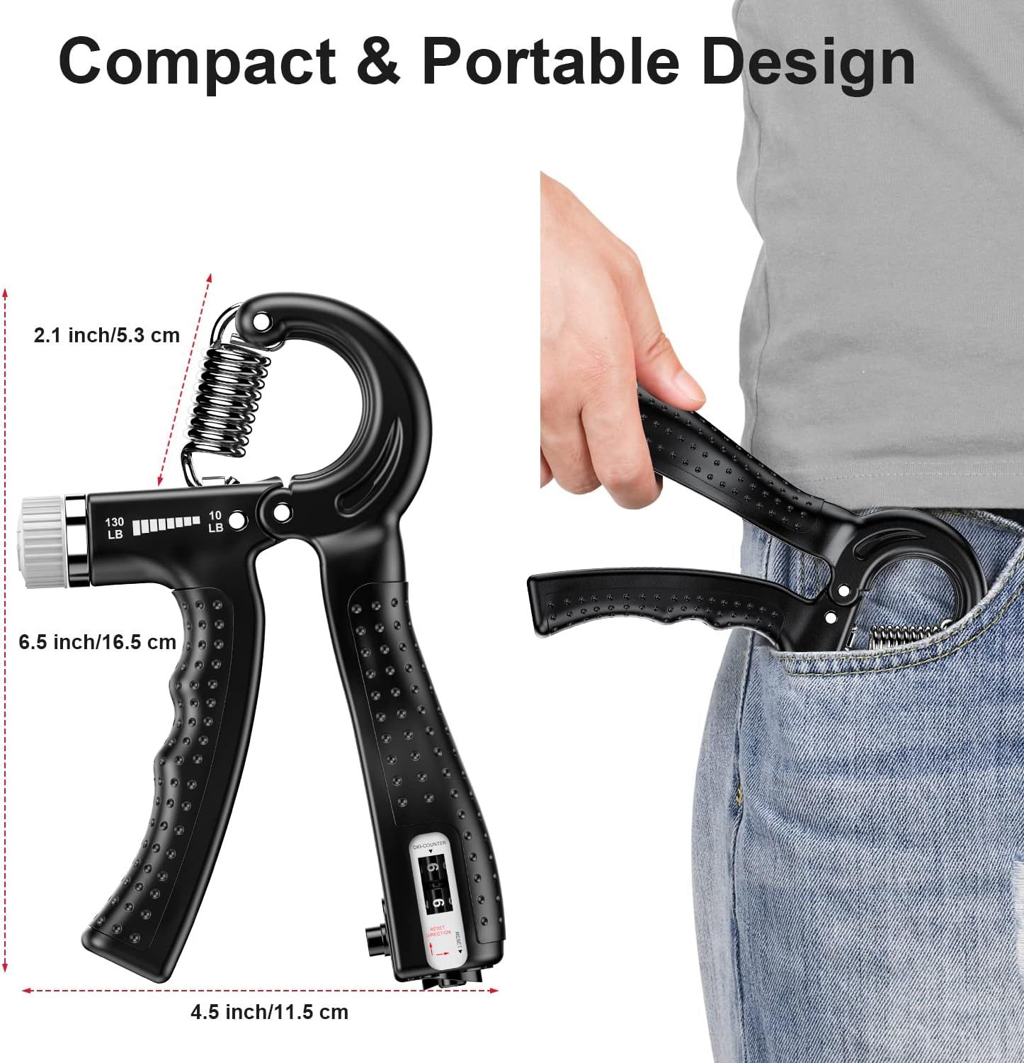 Communicates the exact physical dimensions of the hand gripper to show it is compact and portable, fitting easily in a pocket or bag for on-the-go use. Reinforces the product's portability benefit…