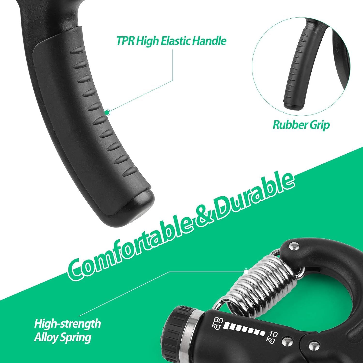 This image breaks down the physical components of the hand gripper, highlighting the TPR elastic handle, rubber grip, and alloy spring to show shoppers what the product is made of and emphasize its…