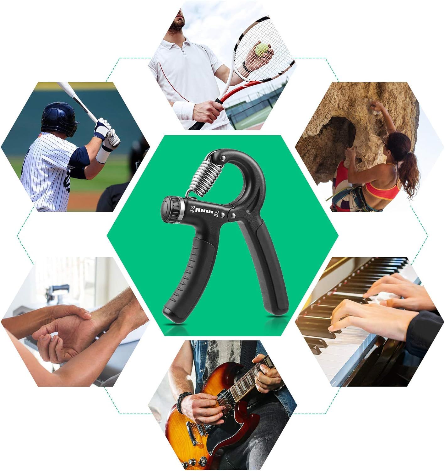 Demonstrates the hand gripper's versatility by showing it can be used across multiple sports and activities (baseball, tennis, rock climbing, piano, guitar, physical therapy), reassuring shoppers…