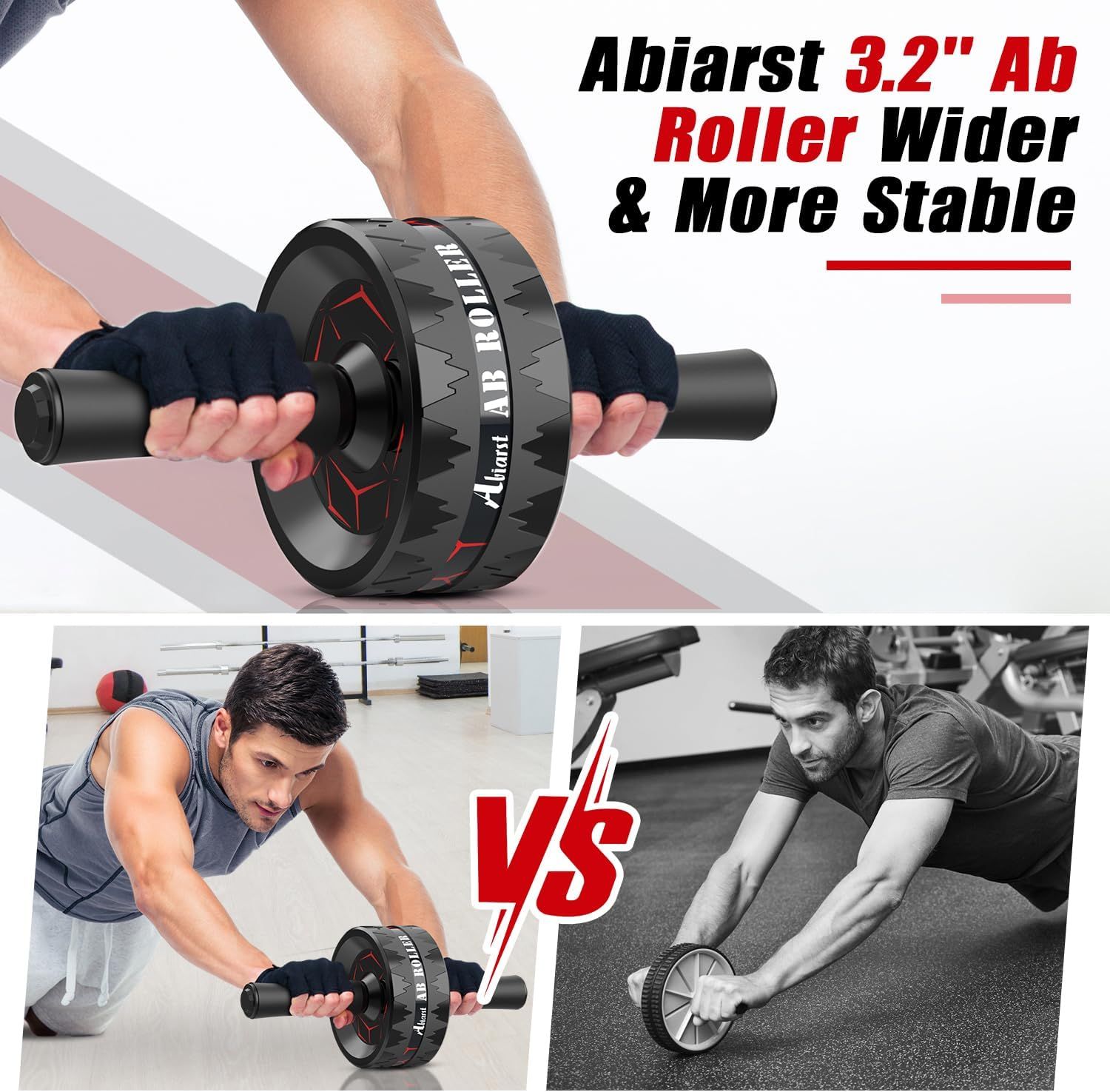 Demonstrates the superiority of the Abiarst ab roller over a generic competitor by showing its wider, more stable roller design through a side-by-side visual comparison. Highlights the specific…