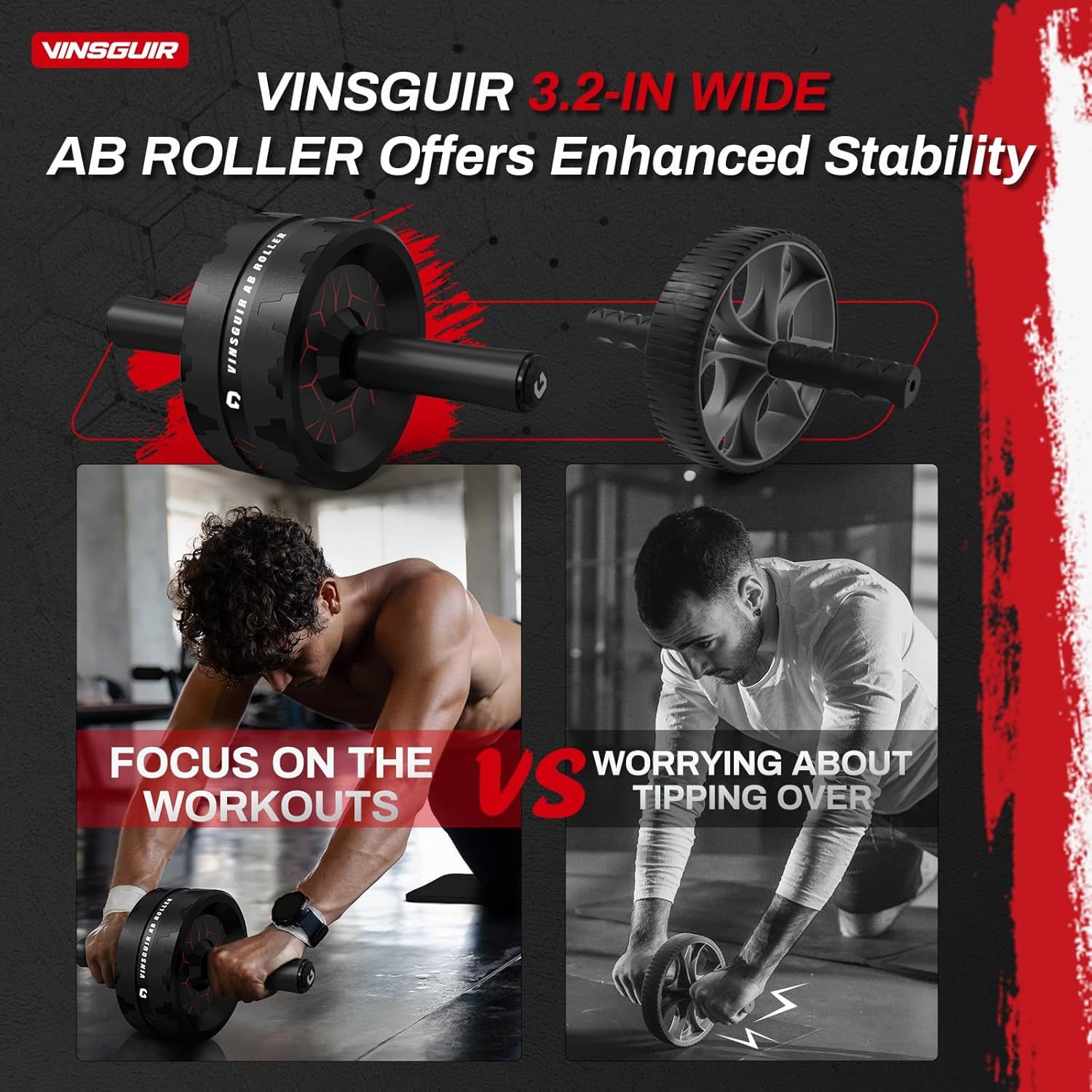 Demonstrates the superior stability of the VINSGUIR 3.2-inch wide AB roller compared to generic narrower rollers, showing users can focus on their workout instead of worrying about tipping over.…