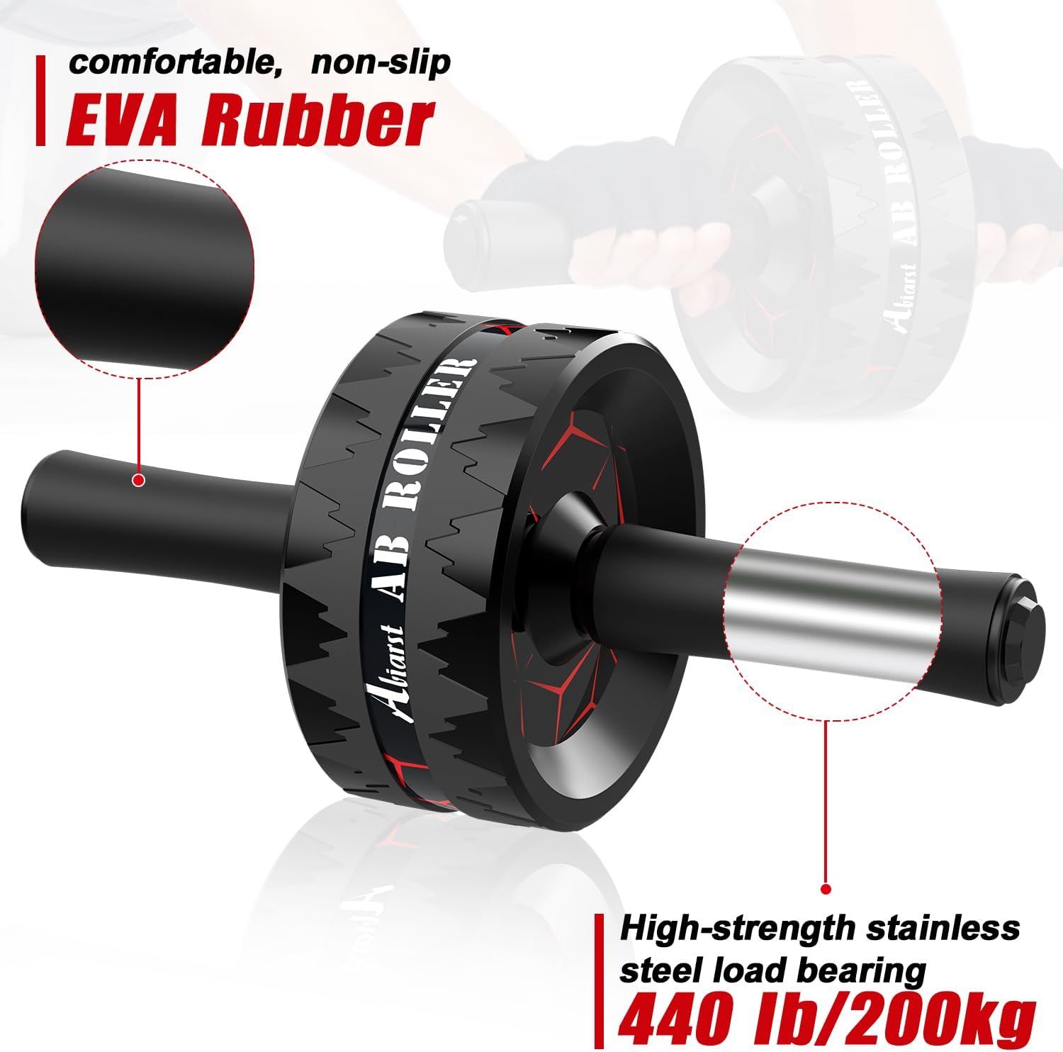 Breaks down the ab roller's key physical components—comfortable non-slip EVA rubber grips and high-strength stainless steel bearing—to reassure shoppers of quality construction and durability.…