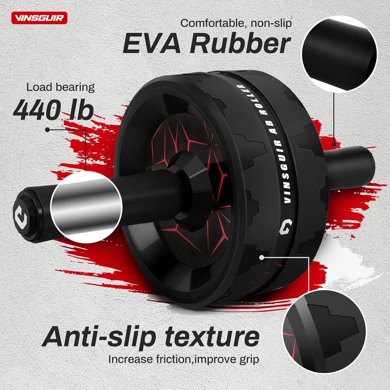 Breaks down the ab roller's key physical components and material features, highlighting the EVA rubber construction, anti-slip textured surface, and 440 lb load capacity to reassure shoppers of…