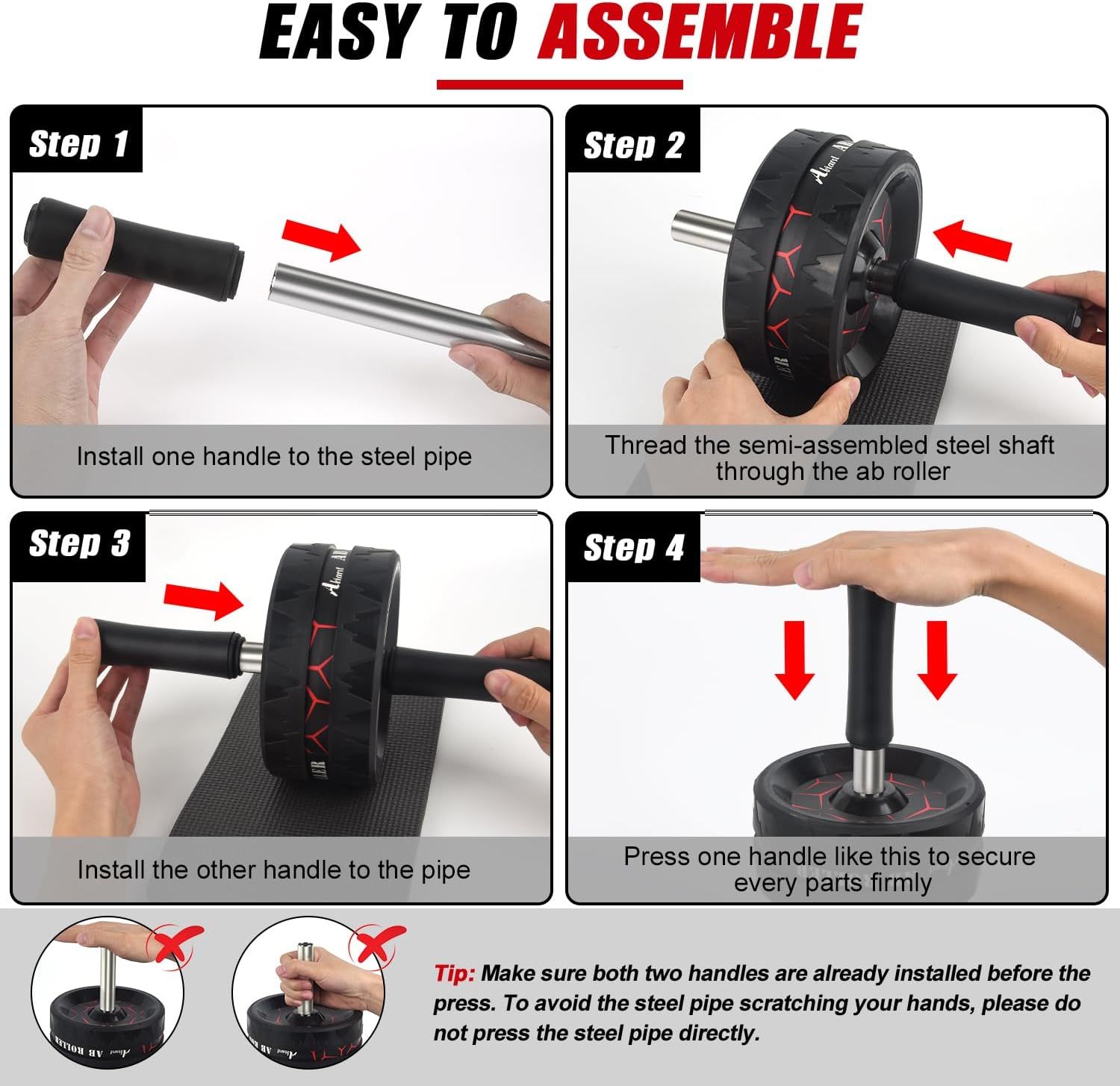 Demonstrates the step-by-step assembly process for the ab roller, reassuring shoppers that the product is easy to put together with clear visual instructions. Highlights the product's ease of…