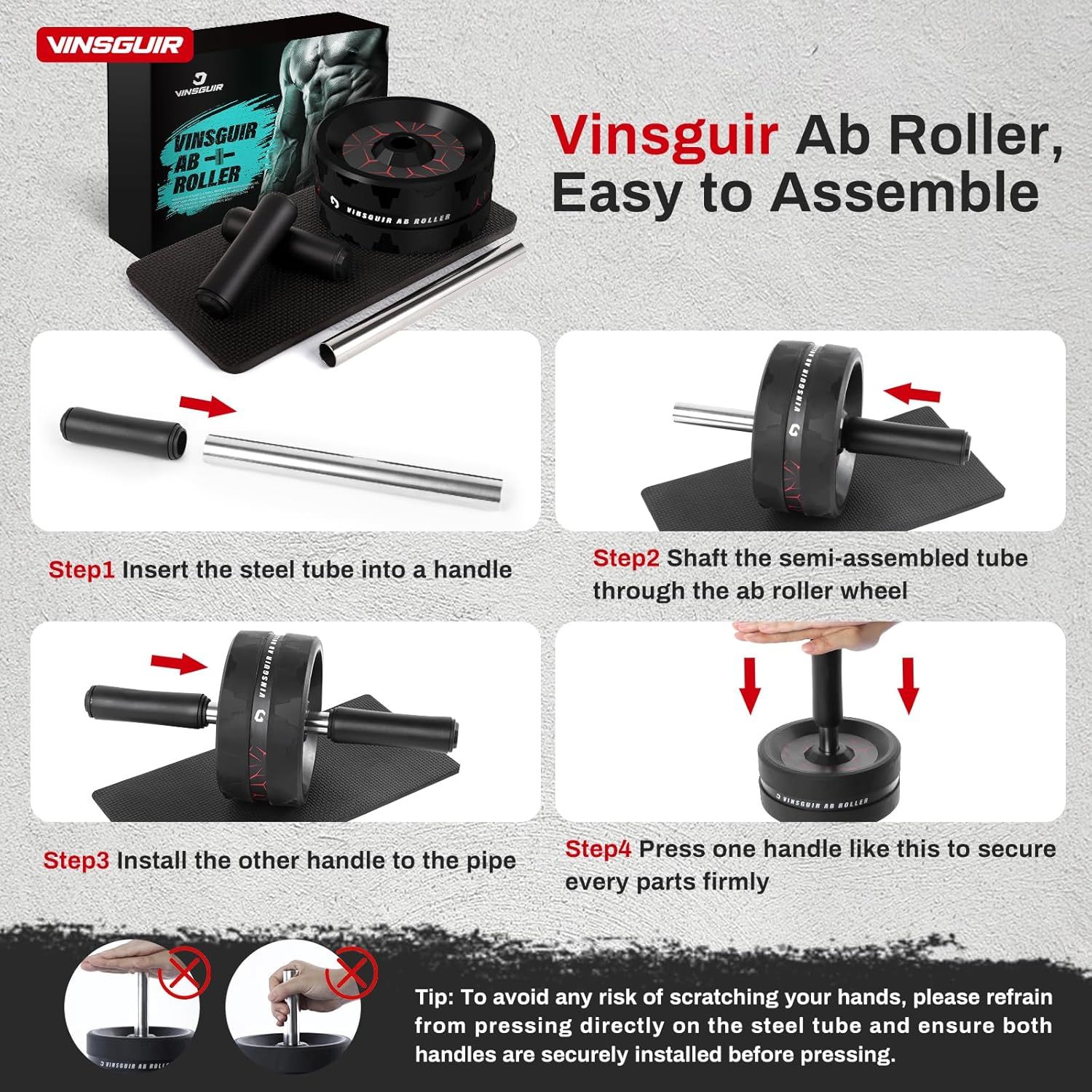 This image provides clear step-by-step assembly instructions for the ab roller, reassuring shoppers that the product is easy to set up and use safely.
