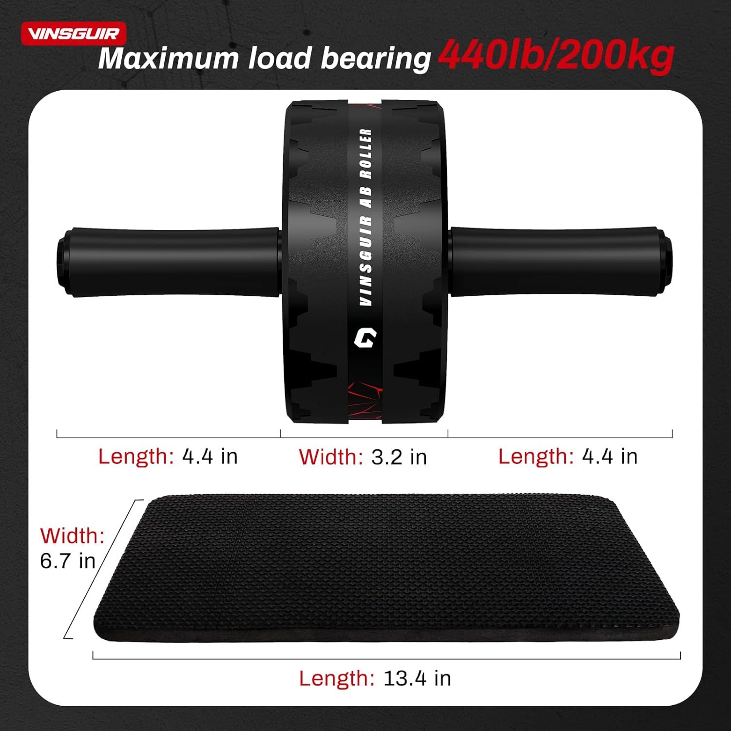 Communicates the product's impressive weight capacity of 440lb/200kg to reassure shoppers of its strength and durability for intense workouts. Provides exact measurements of the ab roller and mat to…