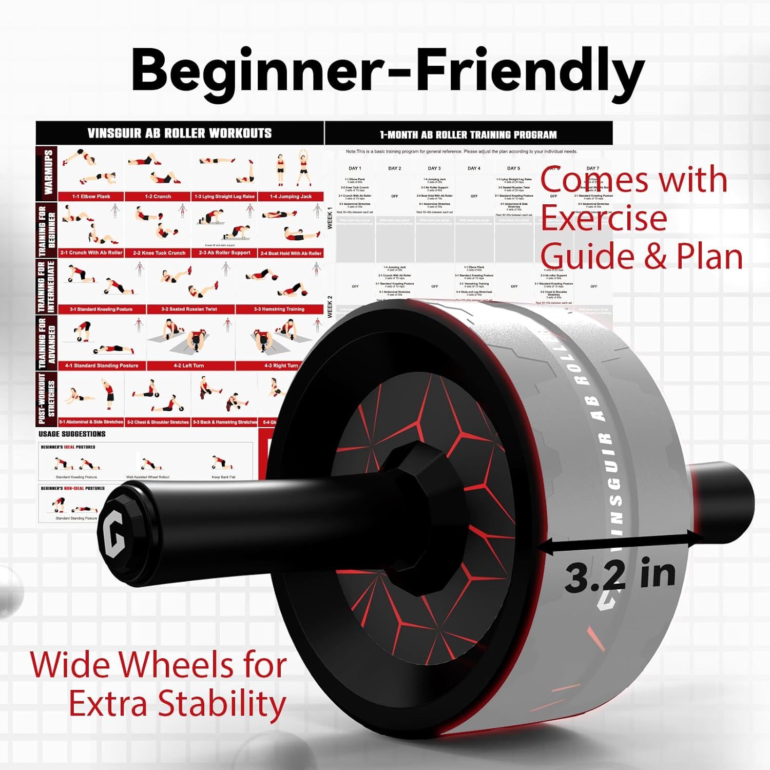 Communicates that this ab roller is designed for beginners and emphasizes the wide wheel design for stability, while also highlighting that it comes with a comprehensive exercise guide and training…