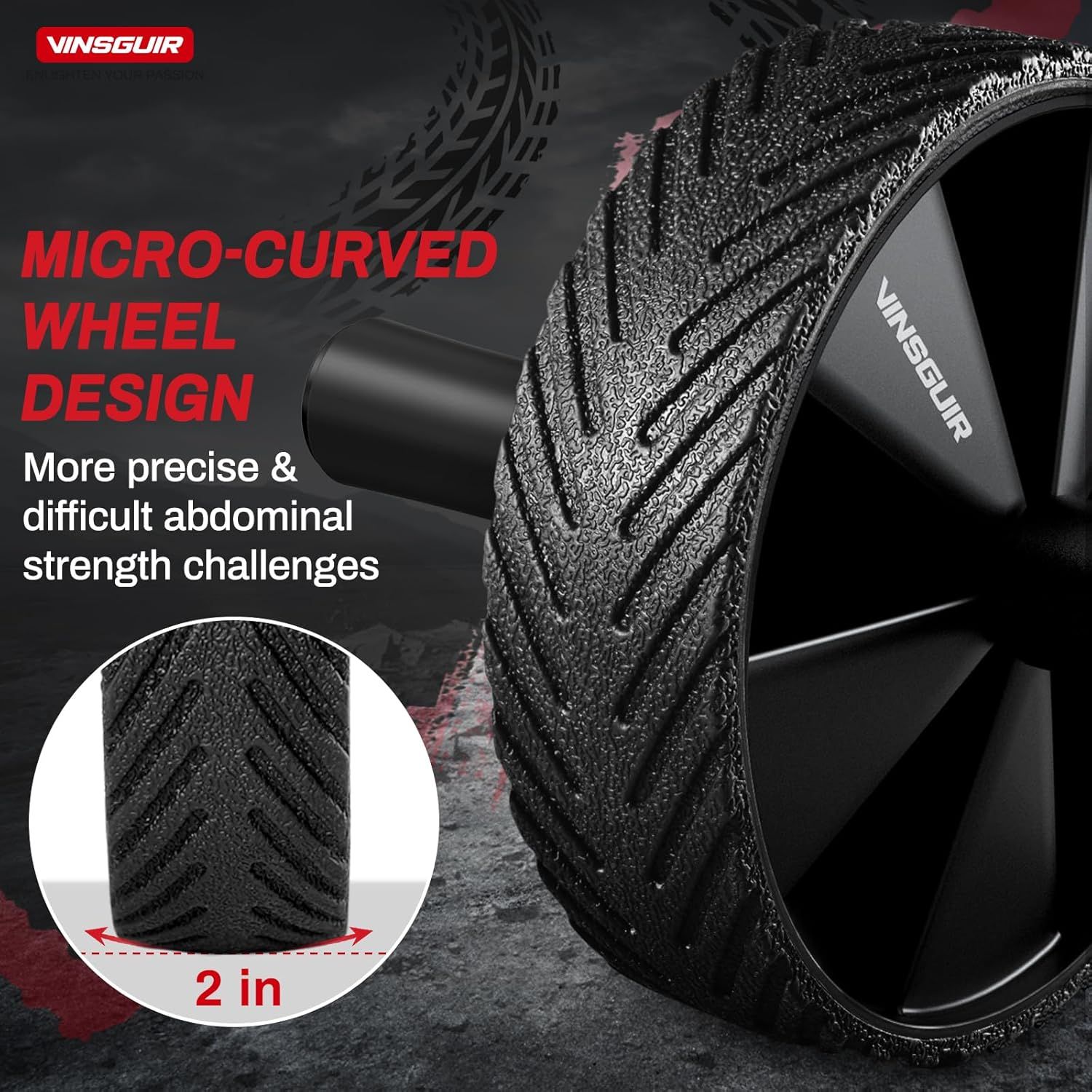 Highlights the specific micro-curved wheel design and textured surface pattern to demonstrate the product's engineering for more precise and challenging abdominal workouts. Communicates that the…