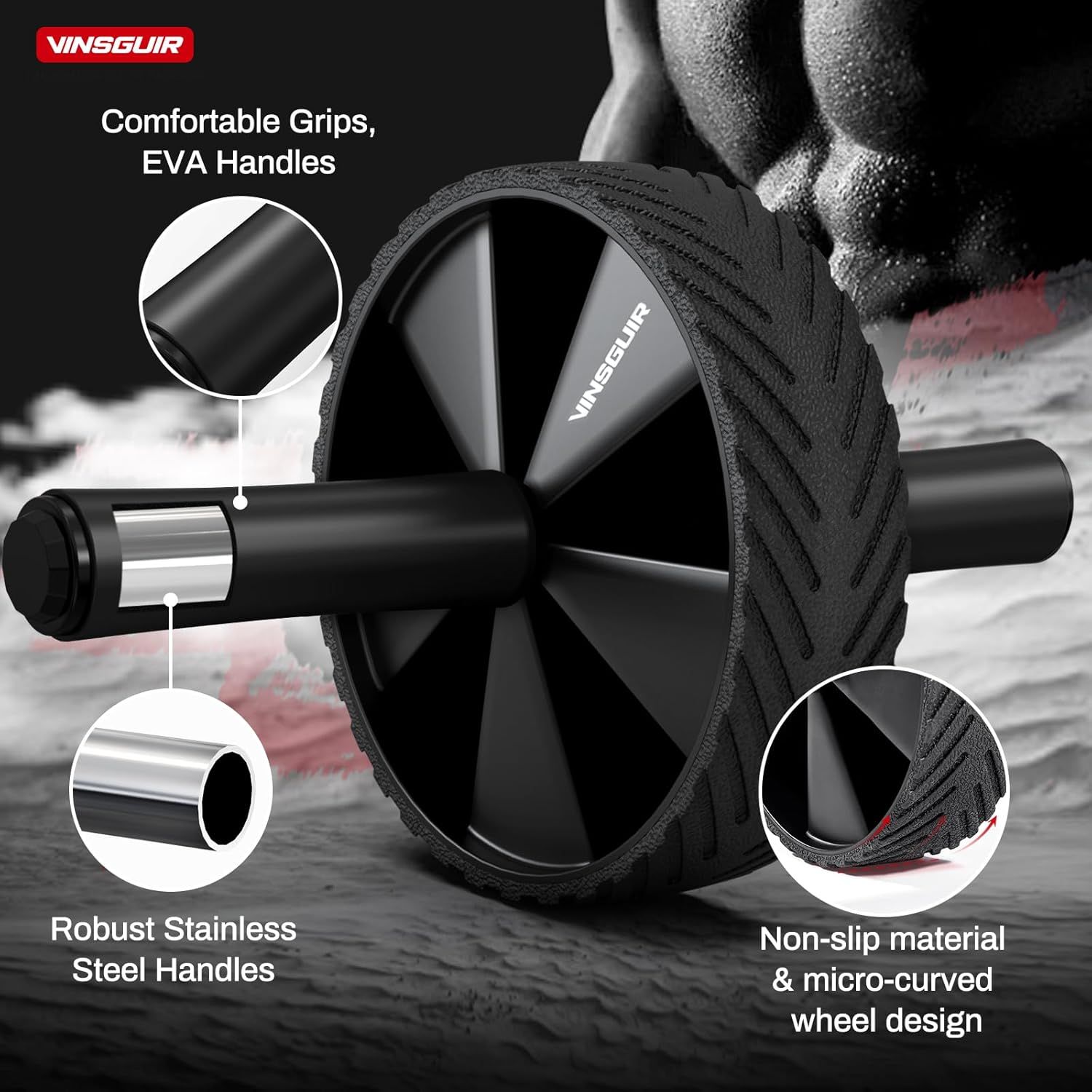 This image breaks down the key physical components of the ab roller wheel to show shoppers the quality materials and thoughtful design features that make it durable and comfortable to use.