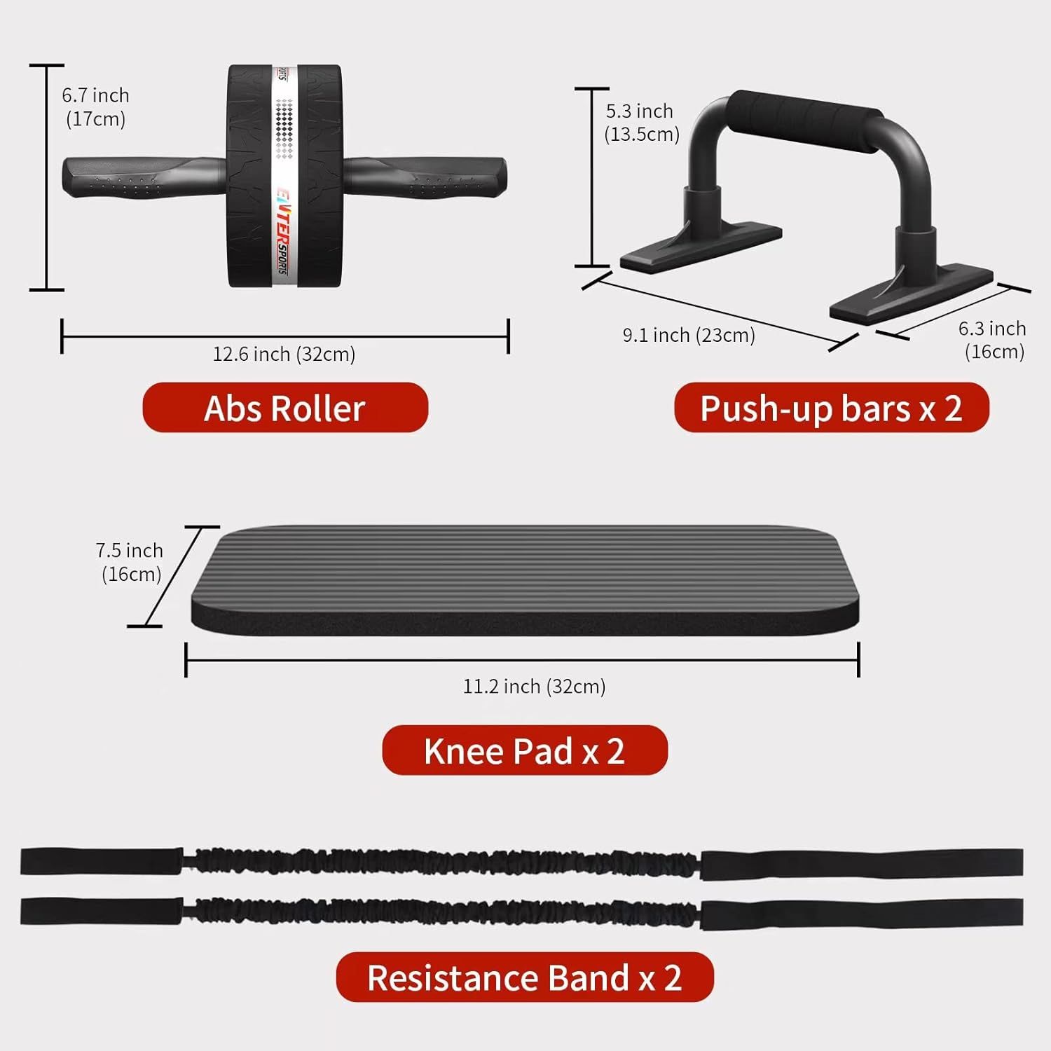 Shows all the items included in the fitness kit purchase, helping shoppers understand the complete bundle they will receive and the value of the package. Provides exact measurements for each piece…