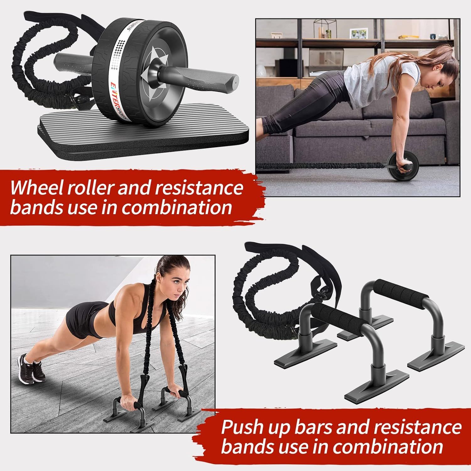 Demonstrates multiple use cases for the fitness equipment, showing how the wheel roller, resistance bands, and push-up bars can be used in different exercise scenarios to communicate versatility and…