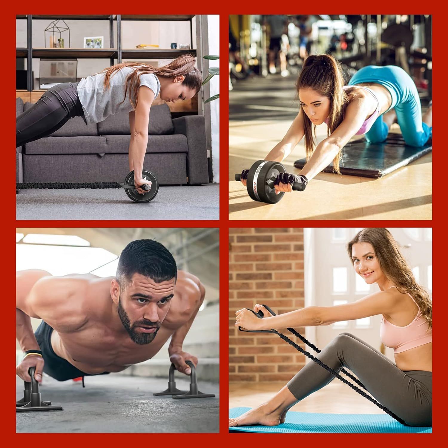 Demonstrates the product's versatility by showing it can be used for multiple different exercises and workout scenarios, from ab wheel rollouts to resistance band training to push-ups.