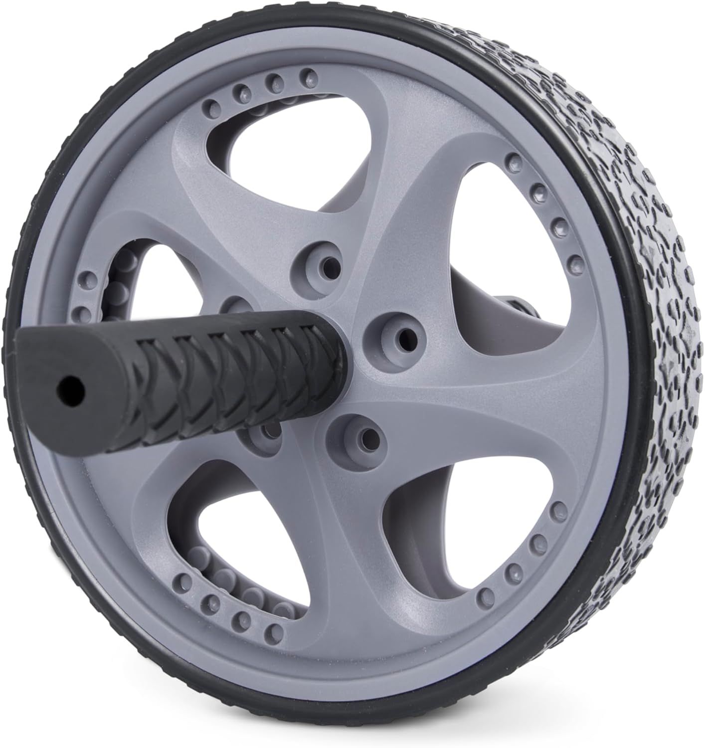 Provides a clean, catalog-style view of the ab roller wheel product showing its tire-style design and textured grip handle without any distractions.