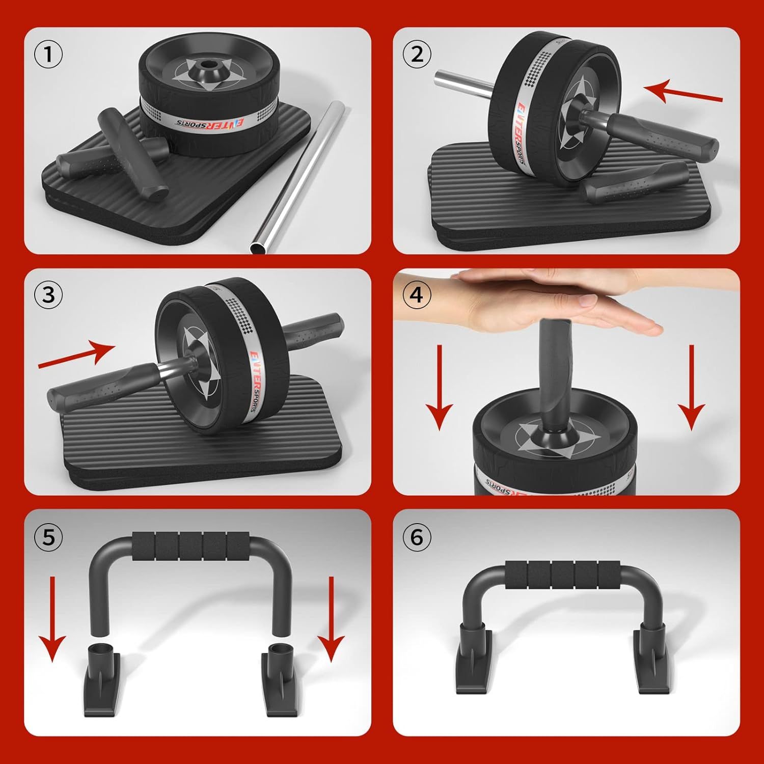 Demonstrates step-by-step how to assemble and configure the ab roller wheel equipment, showing multiple usage configurations to help shoppers understand the setup process and versatility of the…