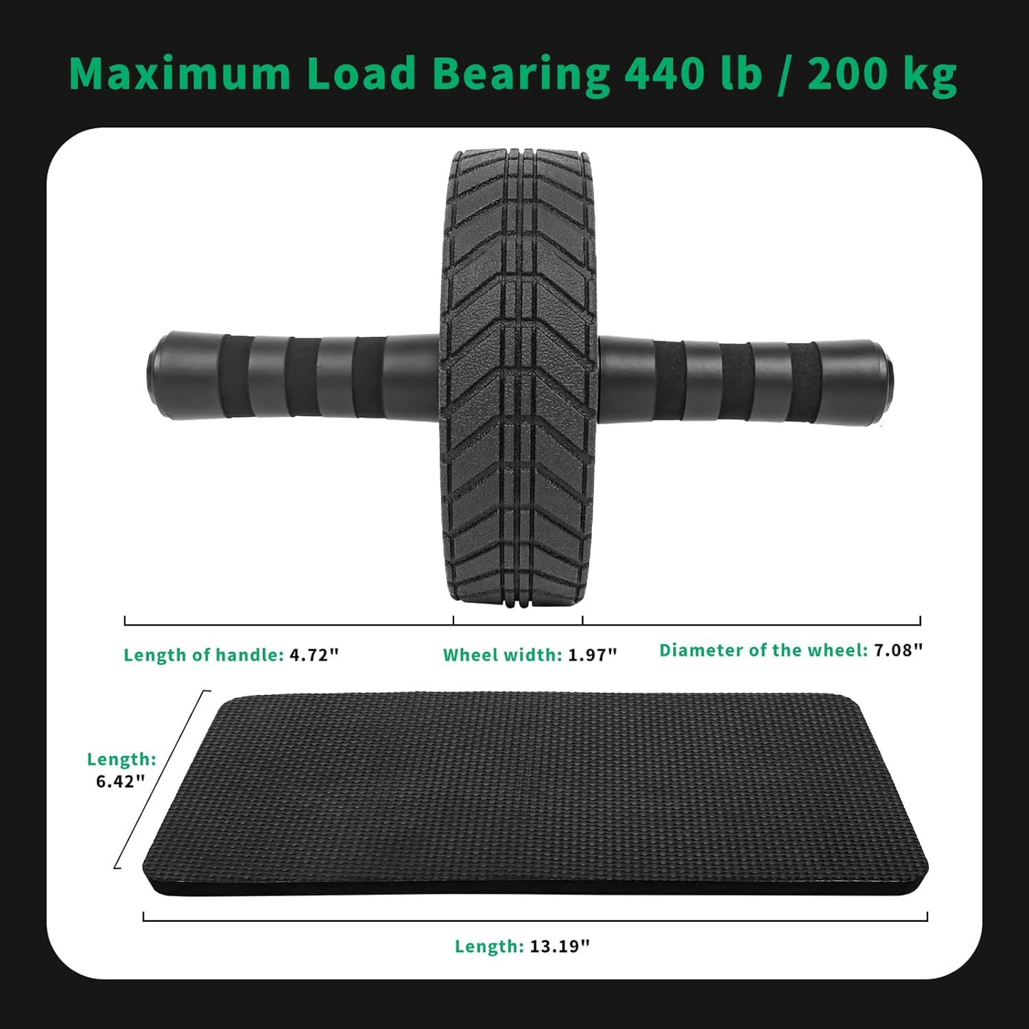 Communicates the exact physical dimensions of the ab roller wheel and mat, along with the maximum weight capacity, to help shoppers understand the product's size and durability specifications.…