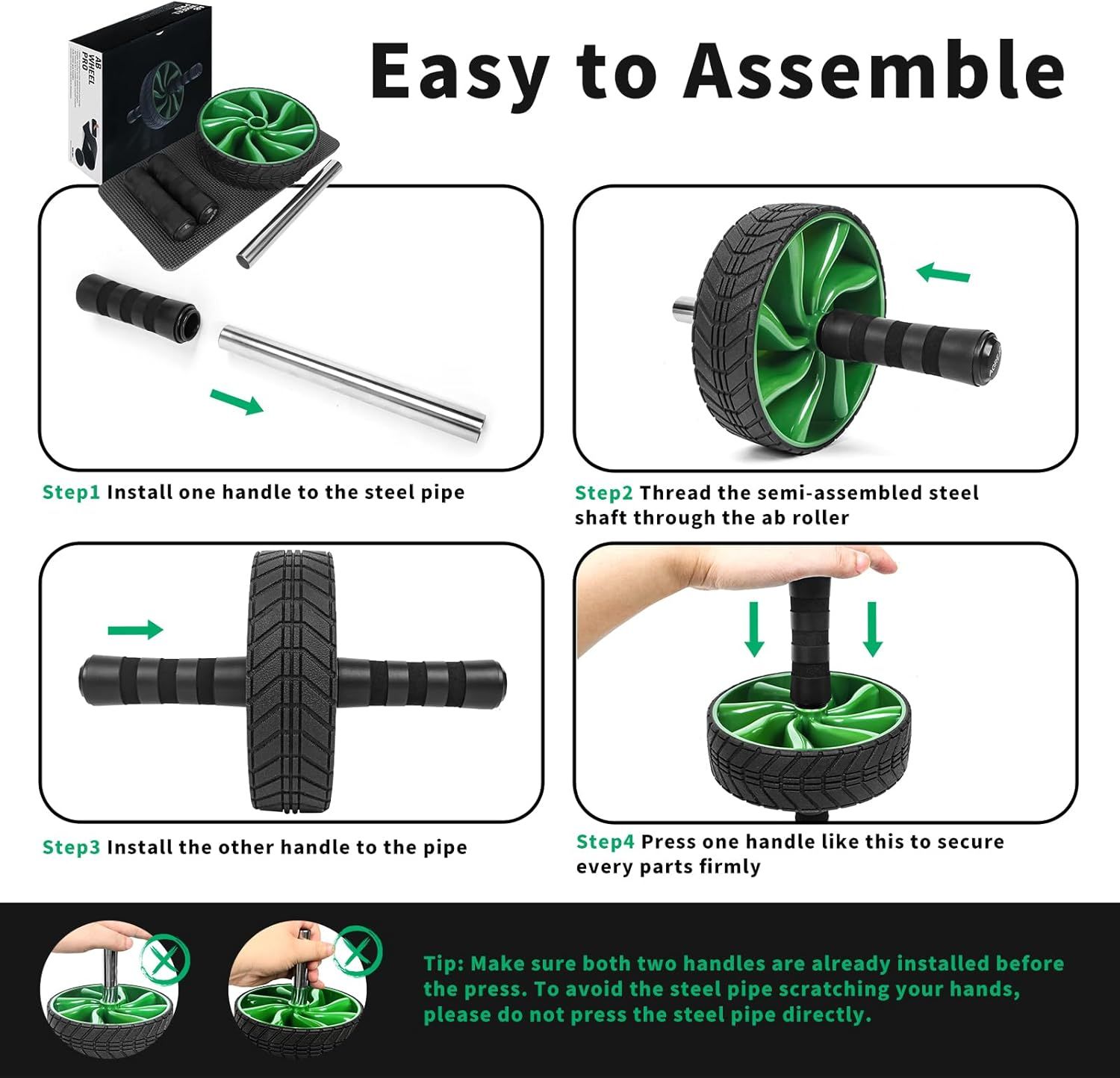 This image provides clear step-by-step assembly instructions for an ab roller, reassuring shoppers that the product is easy to put together and use. Communicates the primary benefit that the product…