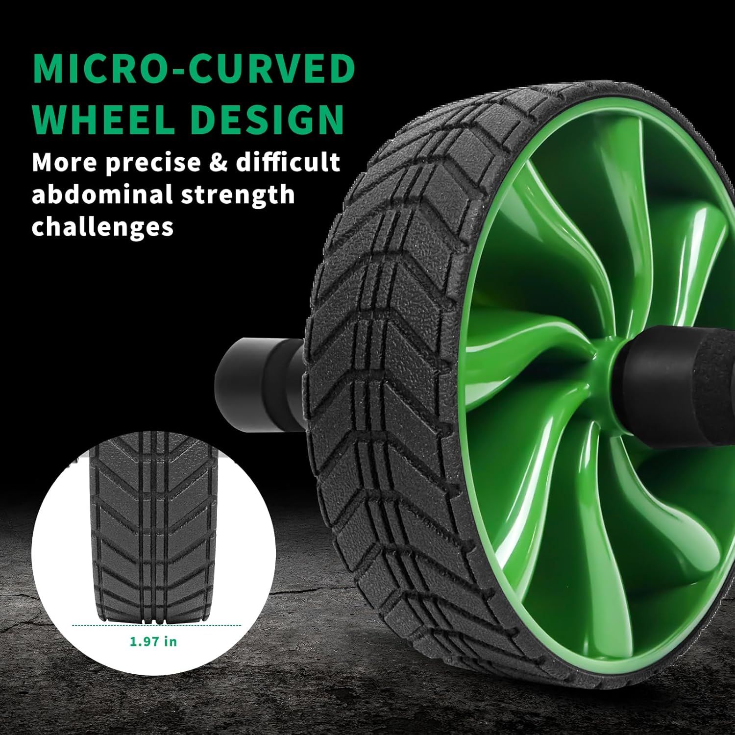 Highlights the unique micro-curved wheel design and tread pattern to communicate enhanced precision and difficulty for abdominal workouts. Communicates that the wheel design provides more precise…