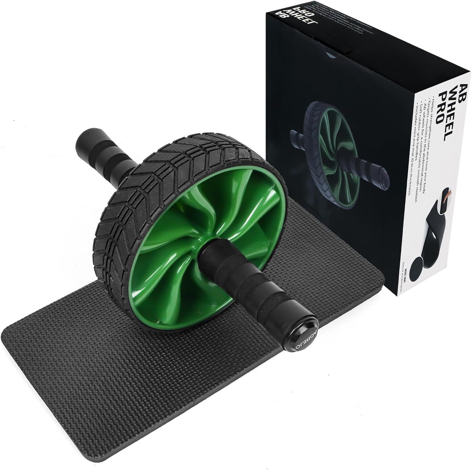 Shows the complete package contents to reassure shoppers they receive everything needed for ab workouts, including the roller, protective knee pad, and premium packaging.