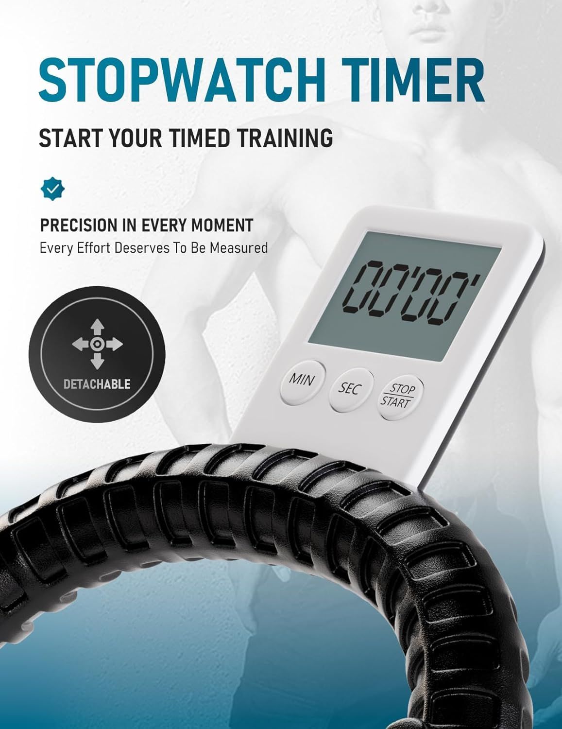 Highlights the stopwatch timer feature with precision timing capabilities and detachable design, reassuring shoppers that the product enables accurate timed training sessions.