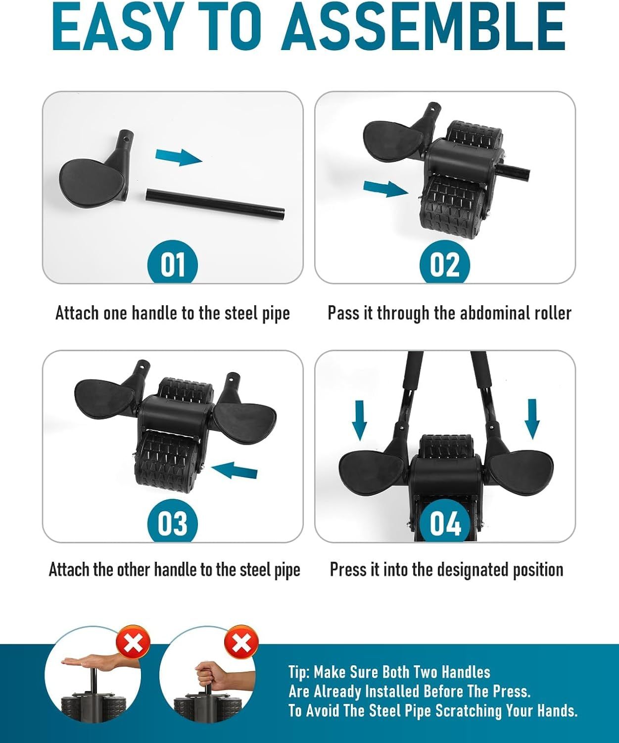 This image provides step-by-step assembly instructions for an abdominal roller, showing shoppers that the product is easy to put together with clear visual guidance.