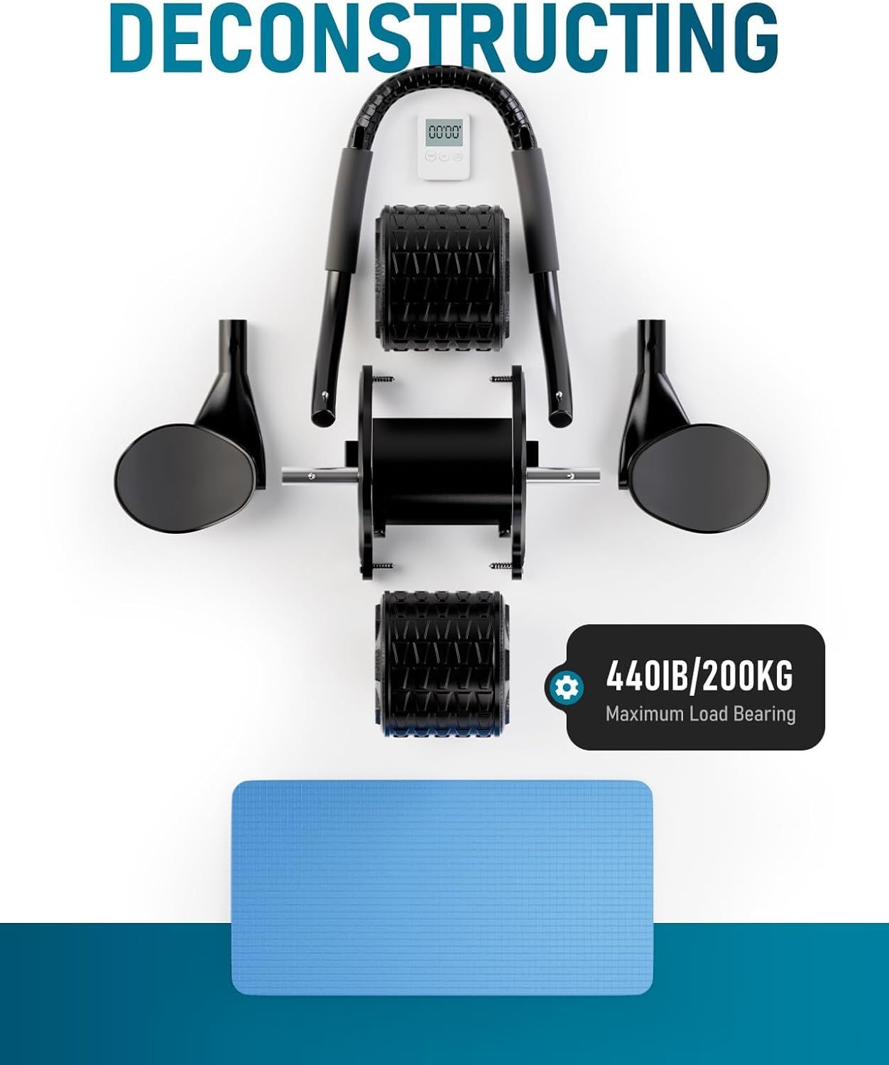 Shows the internal components and construction of the fitness equipment while highlighting its 440lb/200kg maximum load bearing capacity to reassure shoppers of its durability and structural…